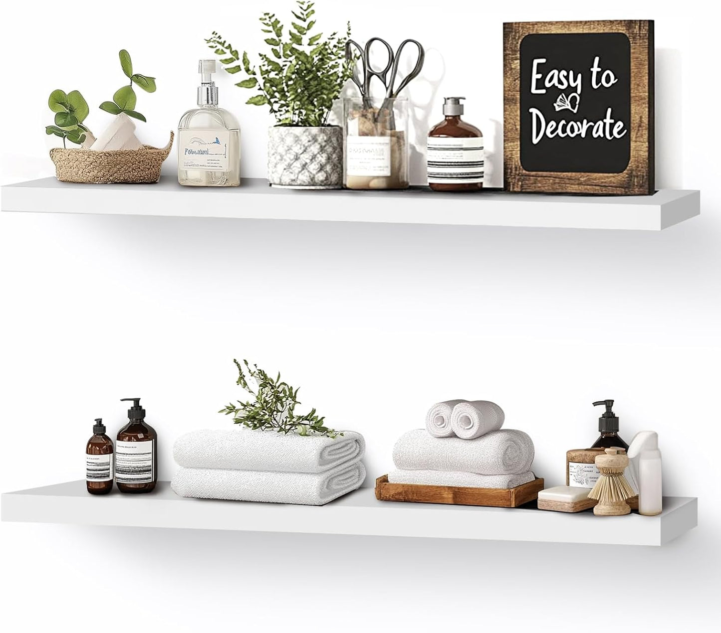 Floating Wall Shelves 2-Pack - 24-Inch Rustic White Wooden Shelves for Storage and Décor, Easy Installation for Living Room, Bedroom, and Kitchen