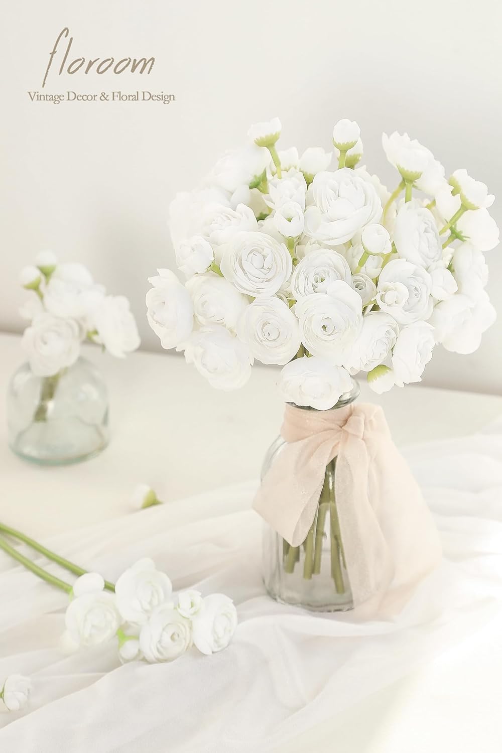 Floroom Ranunculus Artificial Flowers 18 Pcs White Faux Silk Mini Ranunculus Bulk Fake Wedding Filler Flowers for DIY Bouquets, Centerpieces, Bridal Shower Decorations & Arrangements