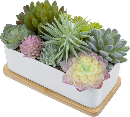 MyGift Assorted Artificial Succulent Plant Arrangement Potted in White Ceramic Planter Pot with Removable Bamboo Tray