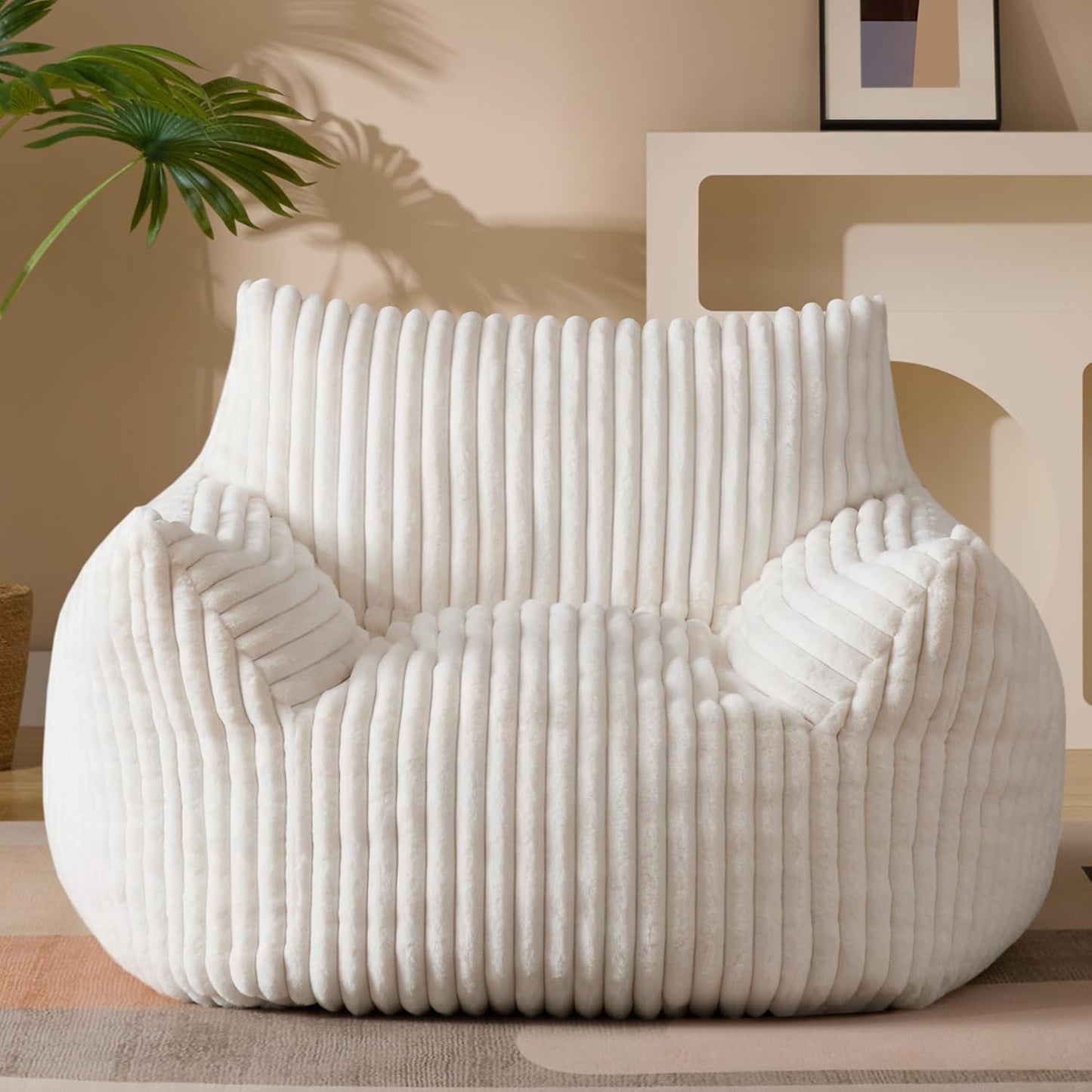 Giant Plush Bean Bag Chair for Adults with Armrests - Oversized Comfy Beige Beanbag Lounge Lazy Floor Sofa Accent Chair for Living Room, Bedroom & Dorm, Cozy Fluffy Single Cloud Mini Couch