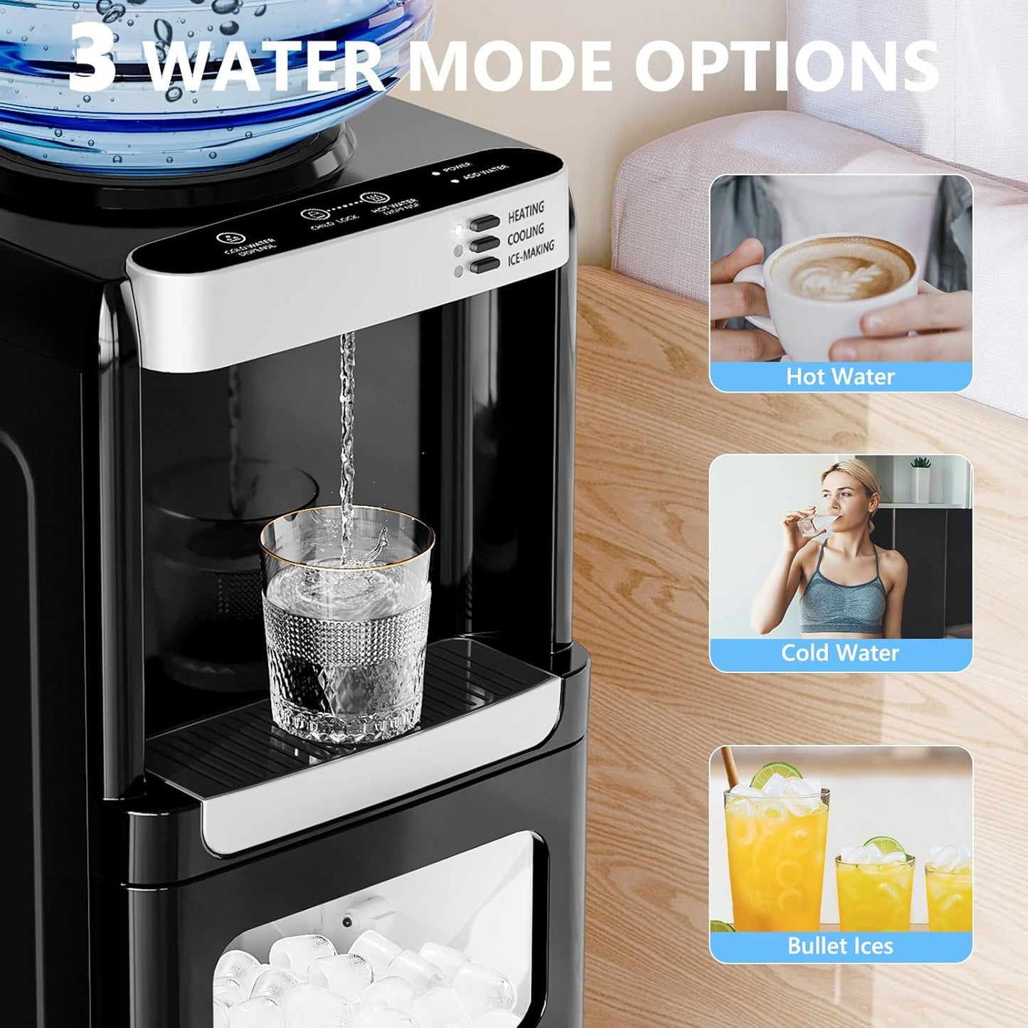 COWSAR 3-in-1 Water Cooler with Ice Maker, Hot & Cold Top Loading, Water Dispenser for 5 Gallon Bottle, 33LBS/24H Ice Maker with Child Safety Lock, Black