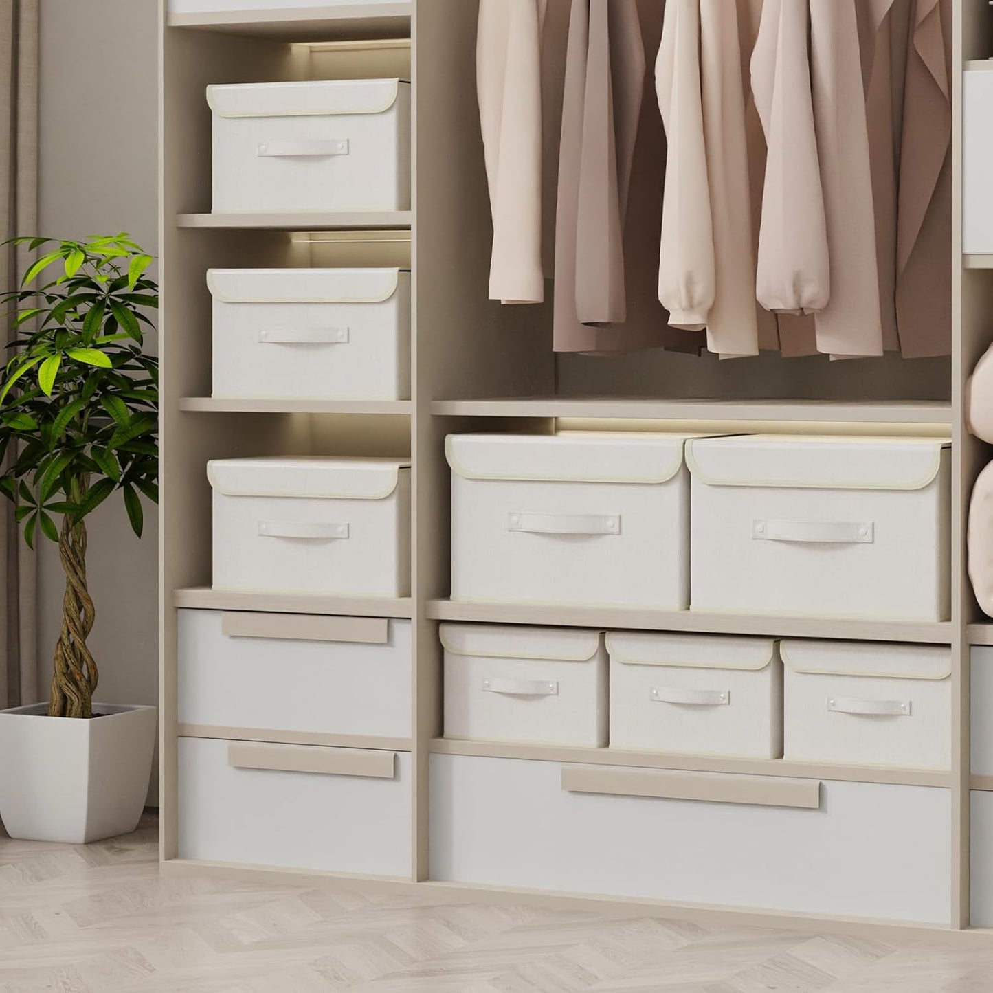 Storage Boxes, Collapsible Storage Bins with Lids, Cotton and linen cloth Storage Baskets with Handle, for Books, Closet, Bedroom, Home, 13x9.1x7.9 in, Beige