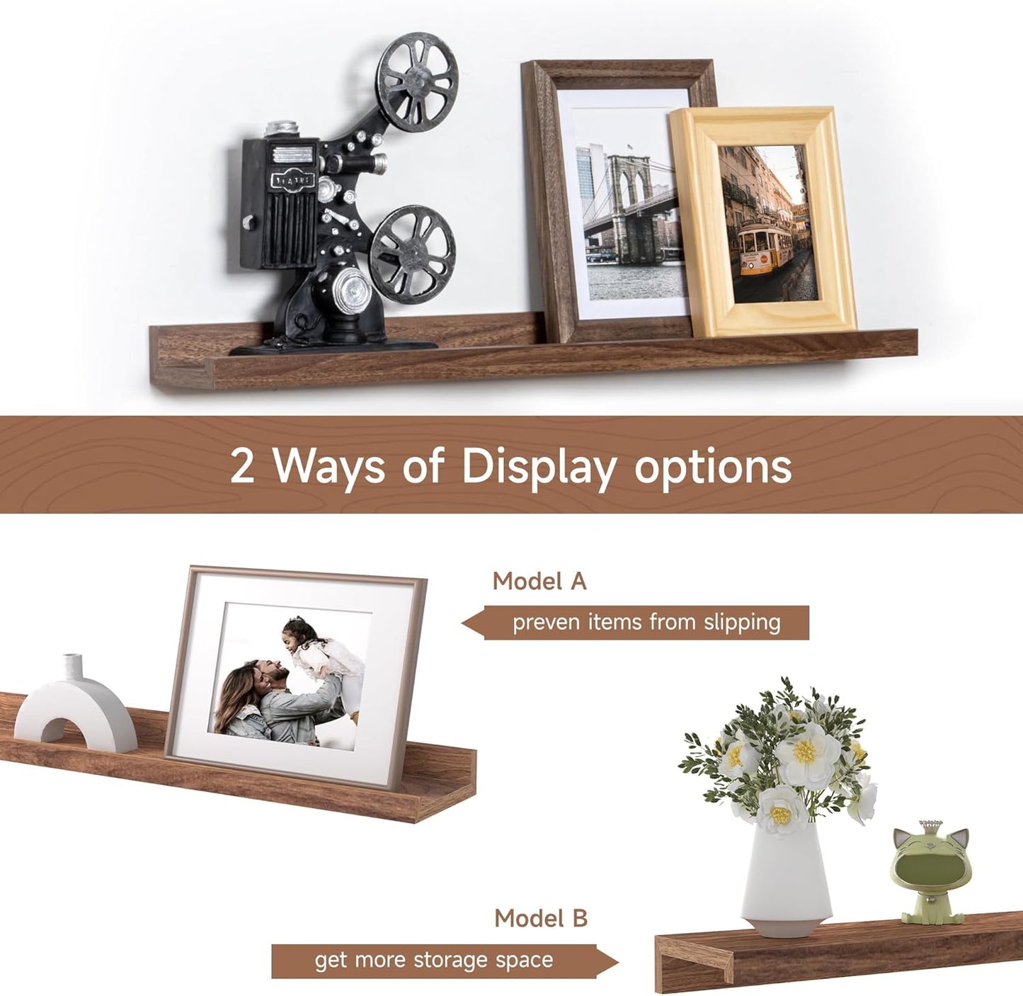 Fun Memories Picture Ledge Shelf, 24 Inch Floating Shelves Set of 2, Nursery Book Shelves for Toys Storage, Kids Bookshelf Wall Mounted for Wall Decor Books Photo Frames, Walnut