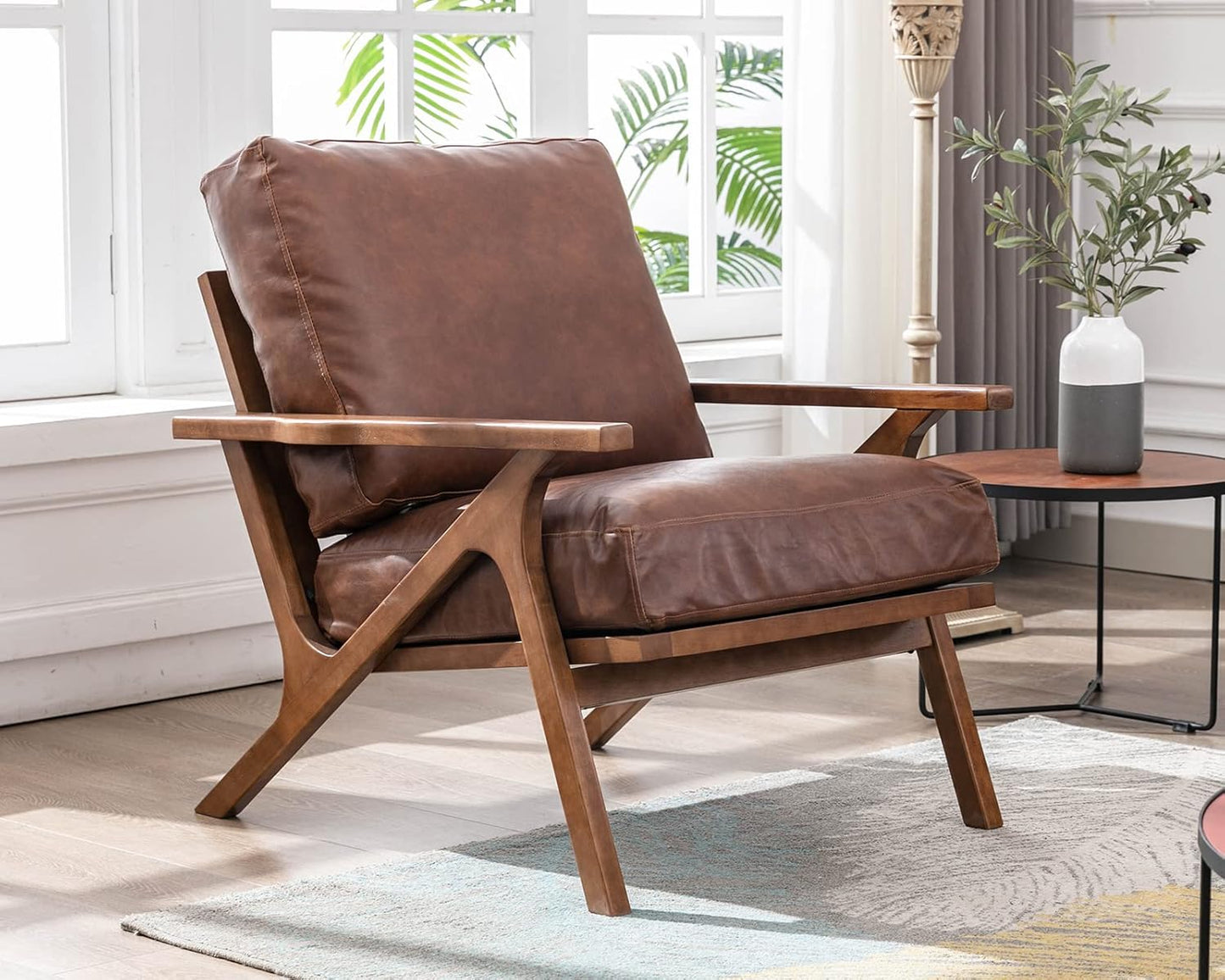 HNY Mid Century Arm Chair, Retro Accent Armchair with Wood Frames & Faux Leather Upholstered Removable Cushions, Leisure Reading Chair Slipper Chair for Living Room Bedroom, Brown