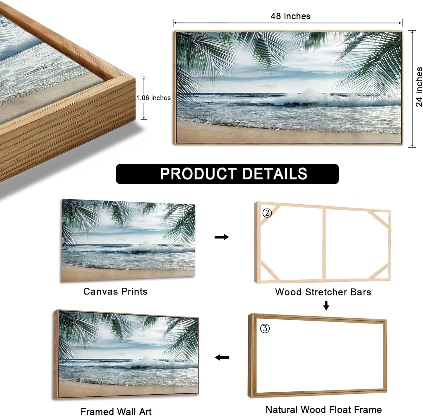 Framed Tropical Beach Wall Art - Ocean Waves Canvas Pictures Coastal Blue Sky and Sea Print Seaside Palm Tree Leaves Scene Painting Artwork Living Room Bedroom Office Home Decor 24" x 48"