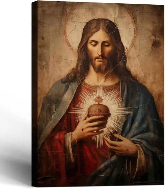 Framed Jesus Sacred Heart Canvas Painting Wall Art Christian Religious Poster Inspirational Bible Art Gallery Style Print for Bedroom Church Home Decor 12X16 Inch Ready to Hang
