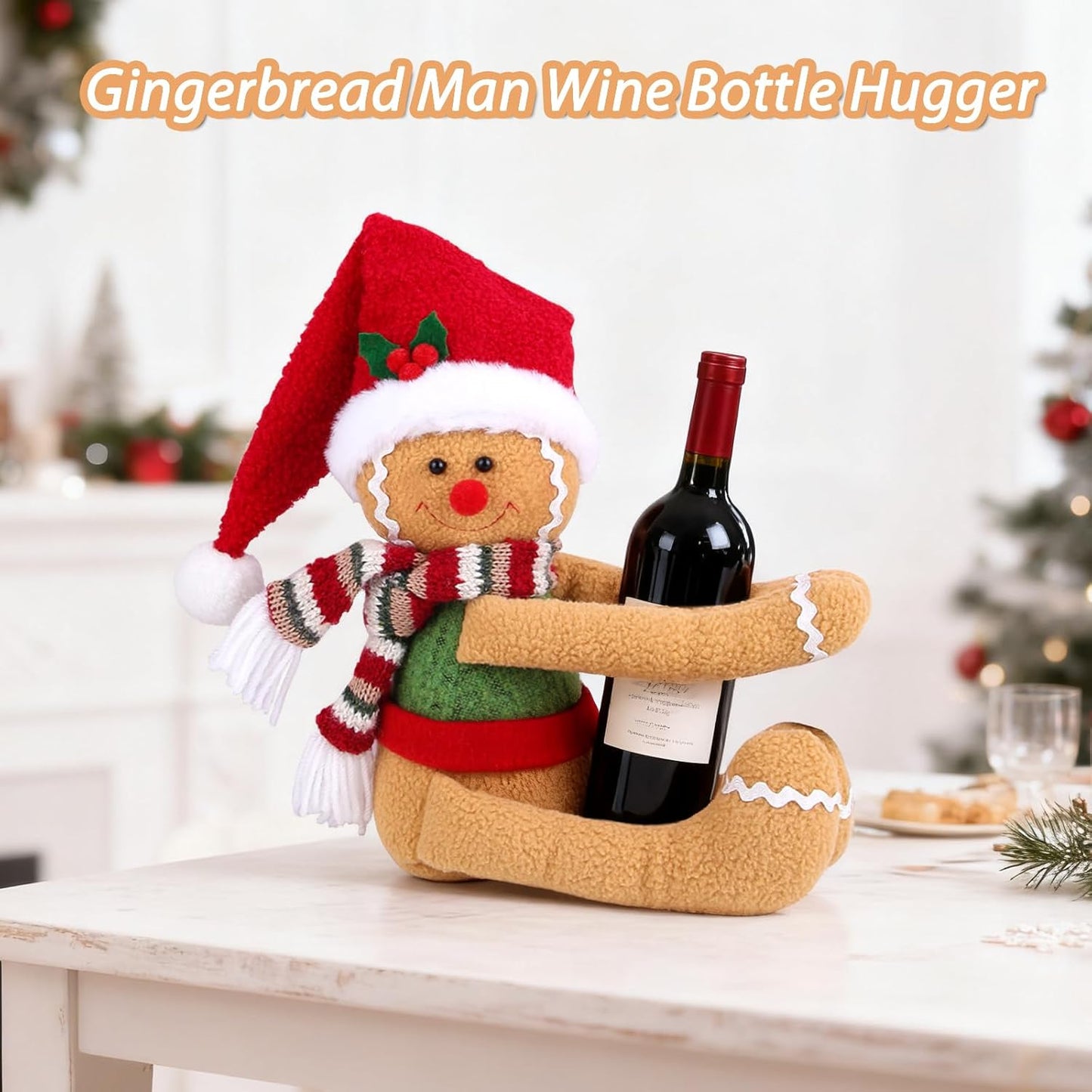 Gingerbread Man Christmas Tree Topper Decorations, Unique Funny Tree Topper Xmas Plush Stuffed Santa Hat Gingerbread Hugger Decor for Christmas Tree Wine Bottle Curtain Ornaments Holiday Home Decor
