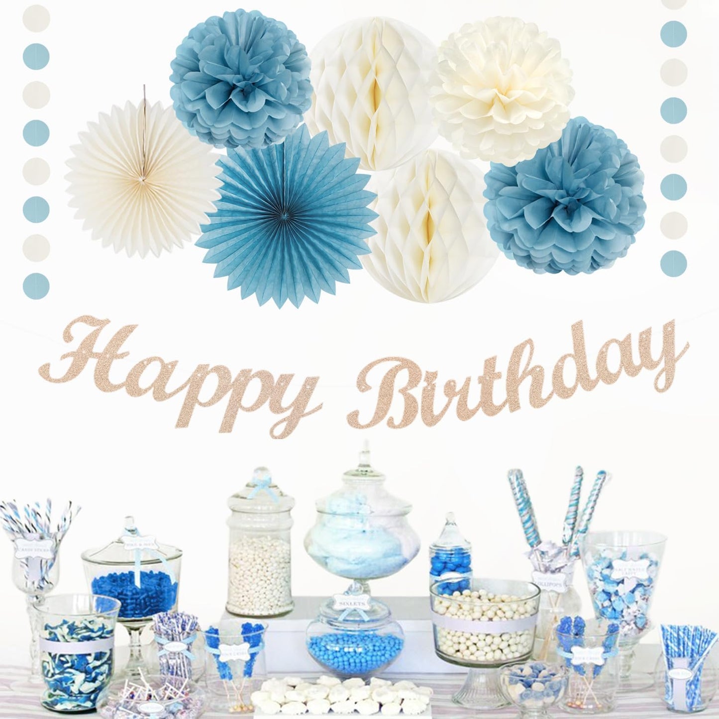 Dusty-Blue White Birthday Party-Decorations Paper-Flowers - 14pcs Happy Banner Boy Lanterns Tissue Pom Poms,Men Streamers Garland Fans Honeycomb,Baby Teen Male Kids Hanging Supplies Decor Hugfond