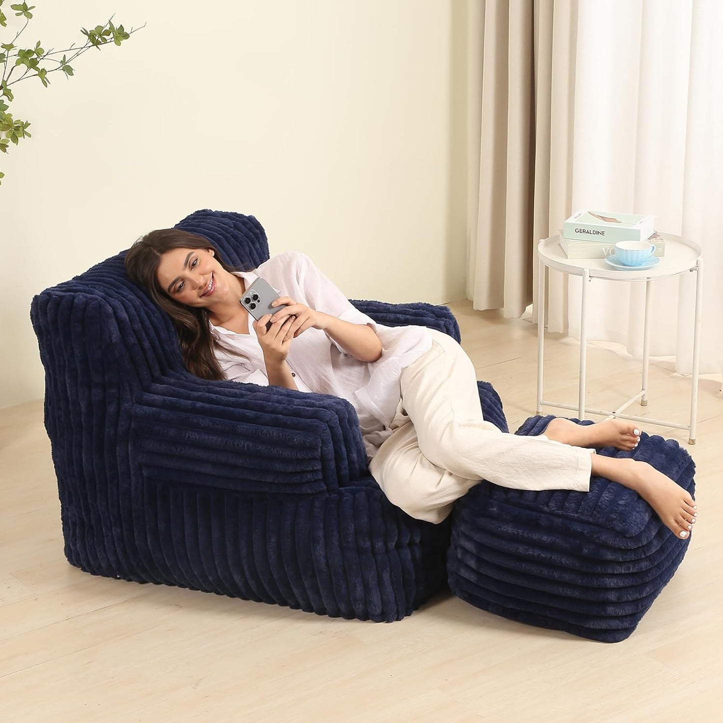 Comfy Gaint Bean Bag Chair with Ottoman, Fluffy Huge Bean Bag Armchair for Adults and Teens, Dark Blue