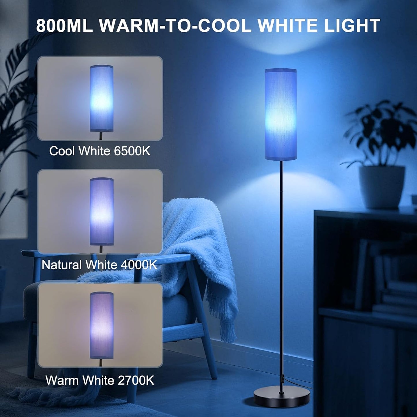 FRIDEKO HOME Floor Lamps for Living Room Bedroom, Dimmable 3 Colors Temperature & Brightness, Tall Standing Lamps, Corner Lamp with Multicolor, 800LM, 9W RGB LED Bulb, Navy Blue Shade