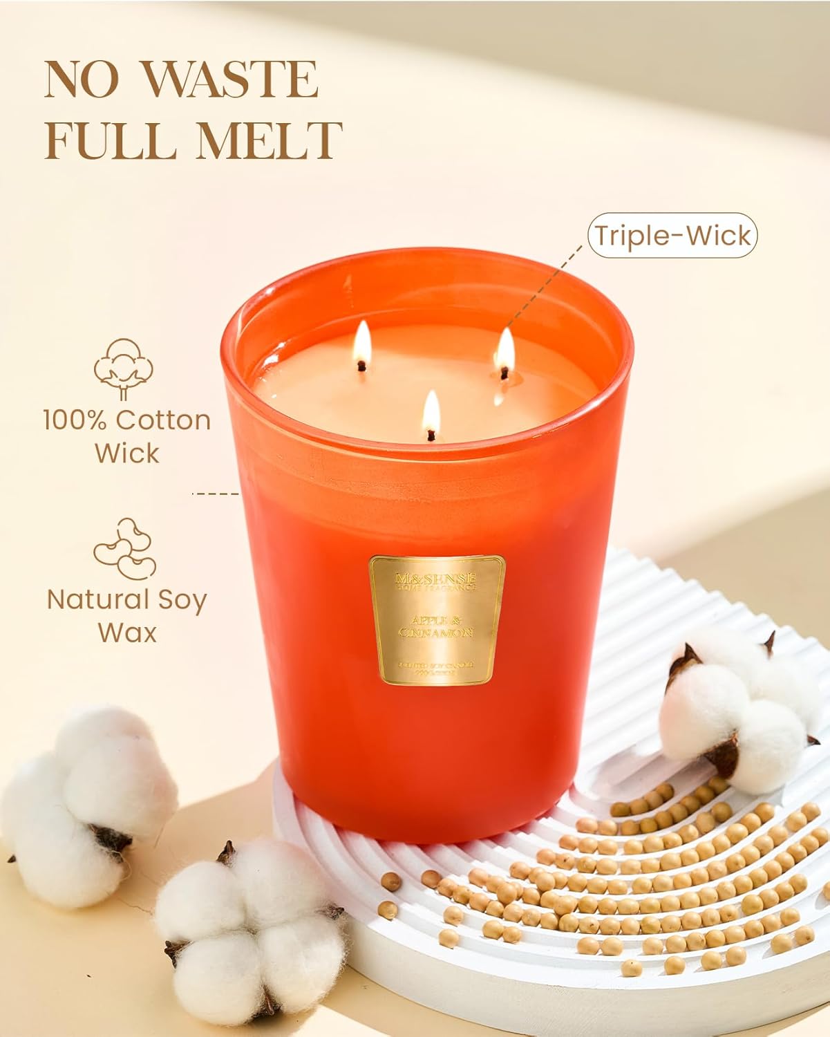 M&SENSE Apple Cinnamon Scented Candle 35oz 150H Burn Time Long Lasting, 3-Wick Natural Aromatherapy Candle Highly Scented, Home Fragrance Housewarming Gifts