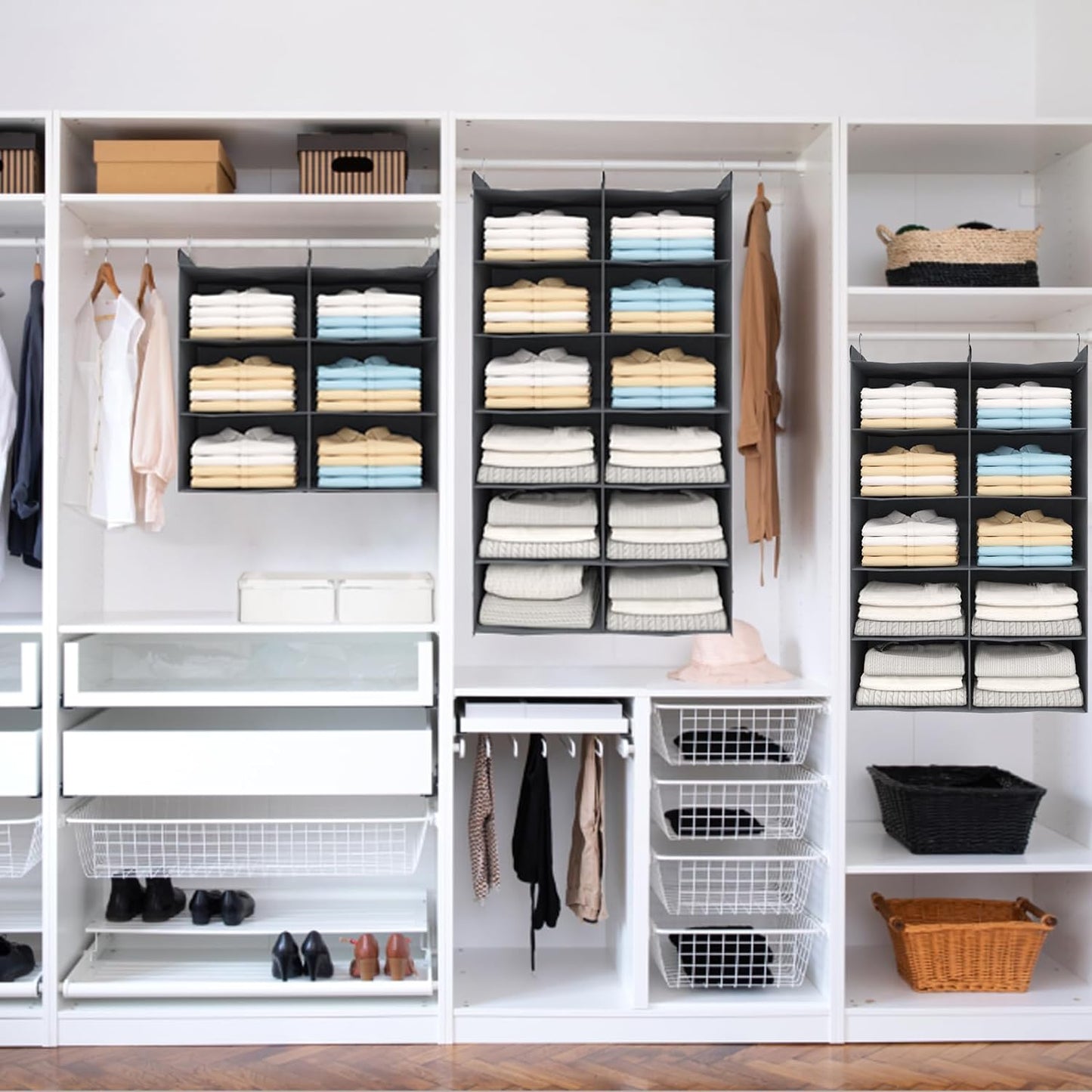 Dual-Row 6 Tier Shelf Hanging Closet Organizer and Storage, 12 Pockets Clothes Storage Shelves with 3 Sturdy Hooks for Clothing Organization, Dorm Room Essentials for Girls, Foldable, Grey