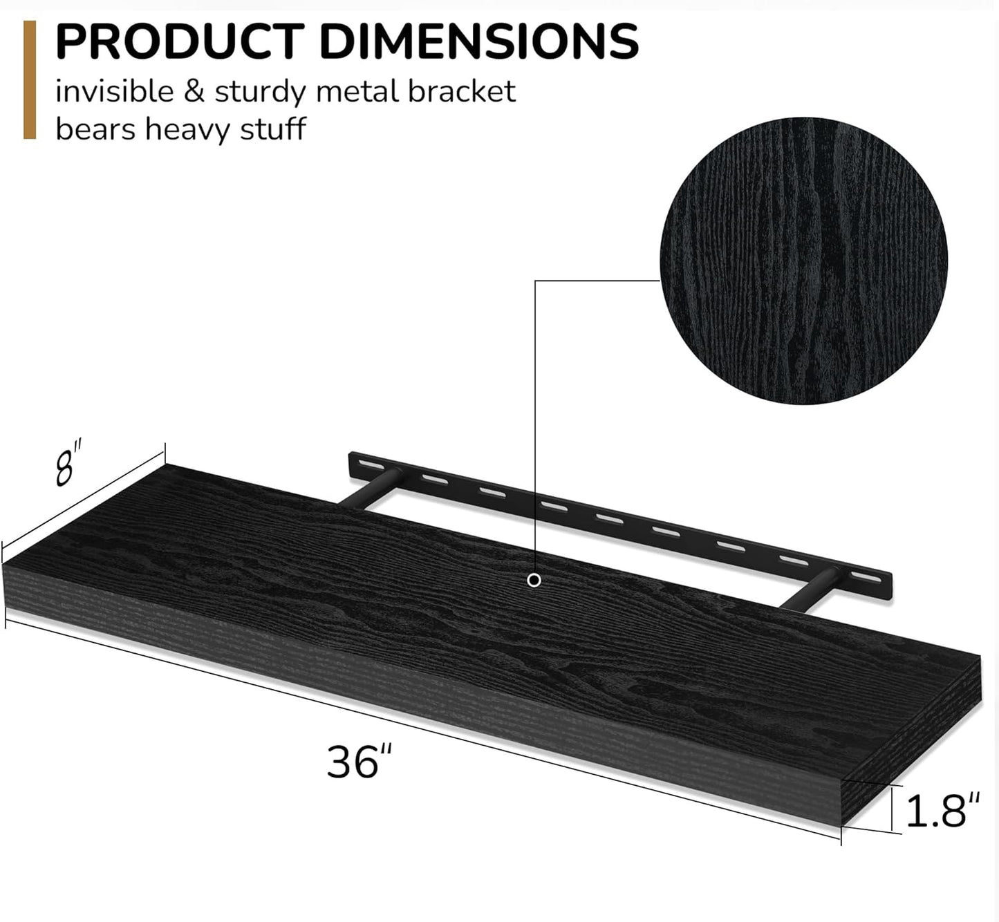 Fun Memories 36 Inch Floating Shelves - Deep Rustic Black Wooden Wall Shelves - Extra Deeper & Thicker Wall Mounted Storage Shelf for Bedroom, Kitchen, Farmhouse - 2 Pack, Rustic Black