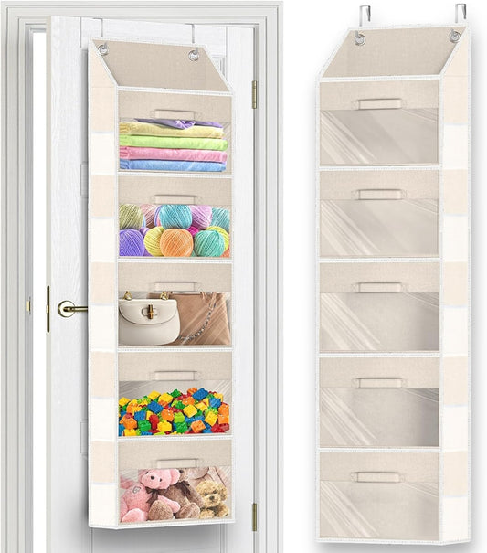 Over the Door Organizer with Drawers, 5 Tier Hanging Storage with Removable Bins & 10 Side Pockets, Over Door Closet Organizer for Baby Items, Yarn, Bed Sheets, Clothes, Toys, Towels – Beige