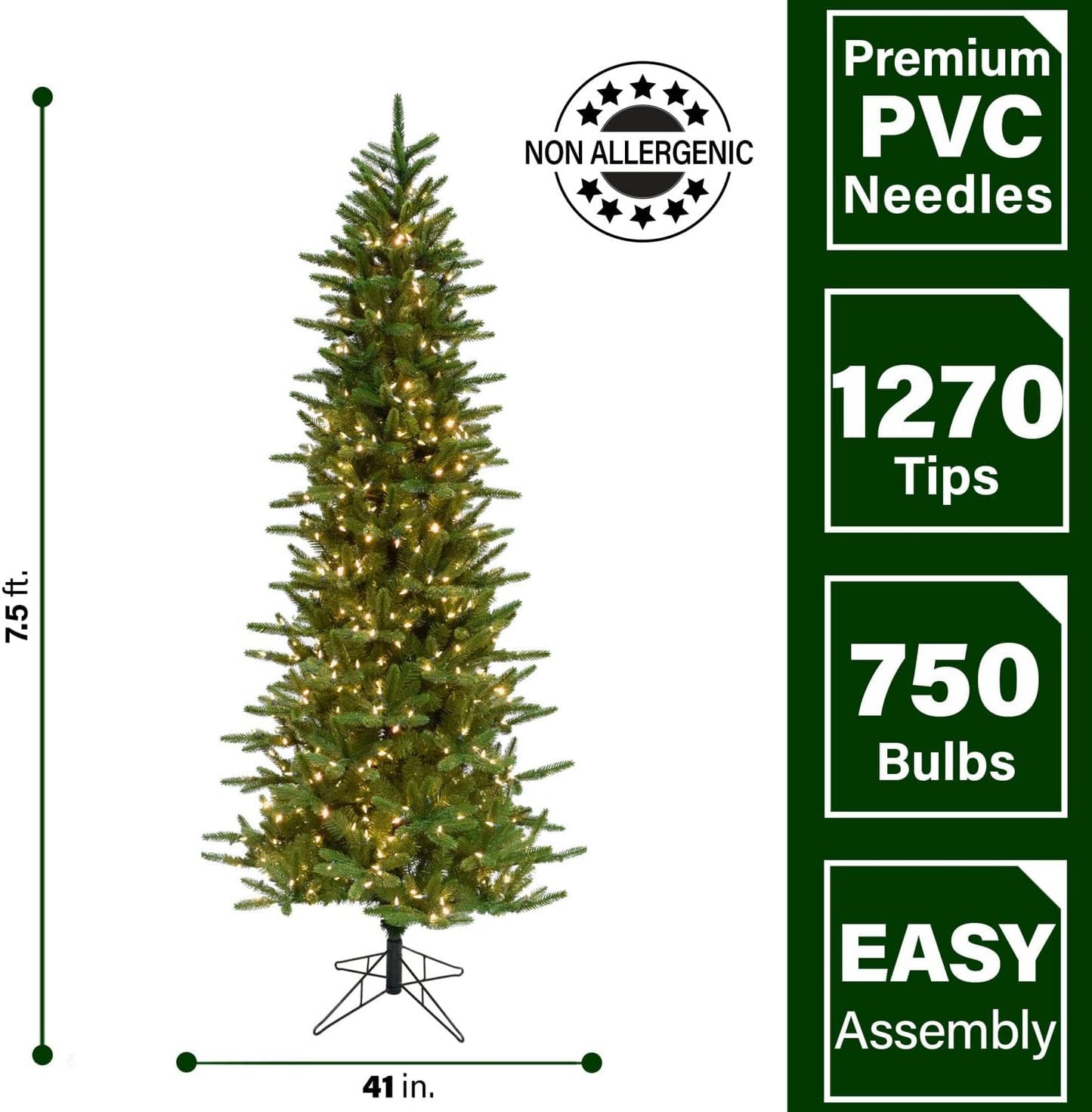 Fraser Hill Farm 7.5-Ft. Carmel Pine Slim Artificial Christmas Tree with Warm White LED Lights and Stand, Prelit Foldable Fake Tree with Realistic Foliage for Home Decoration