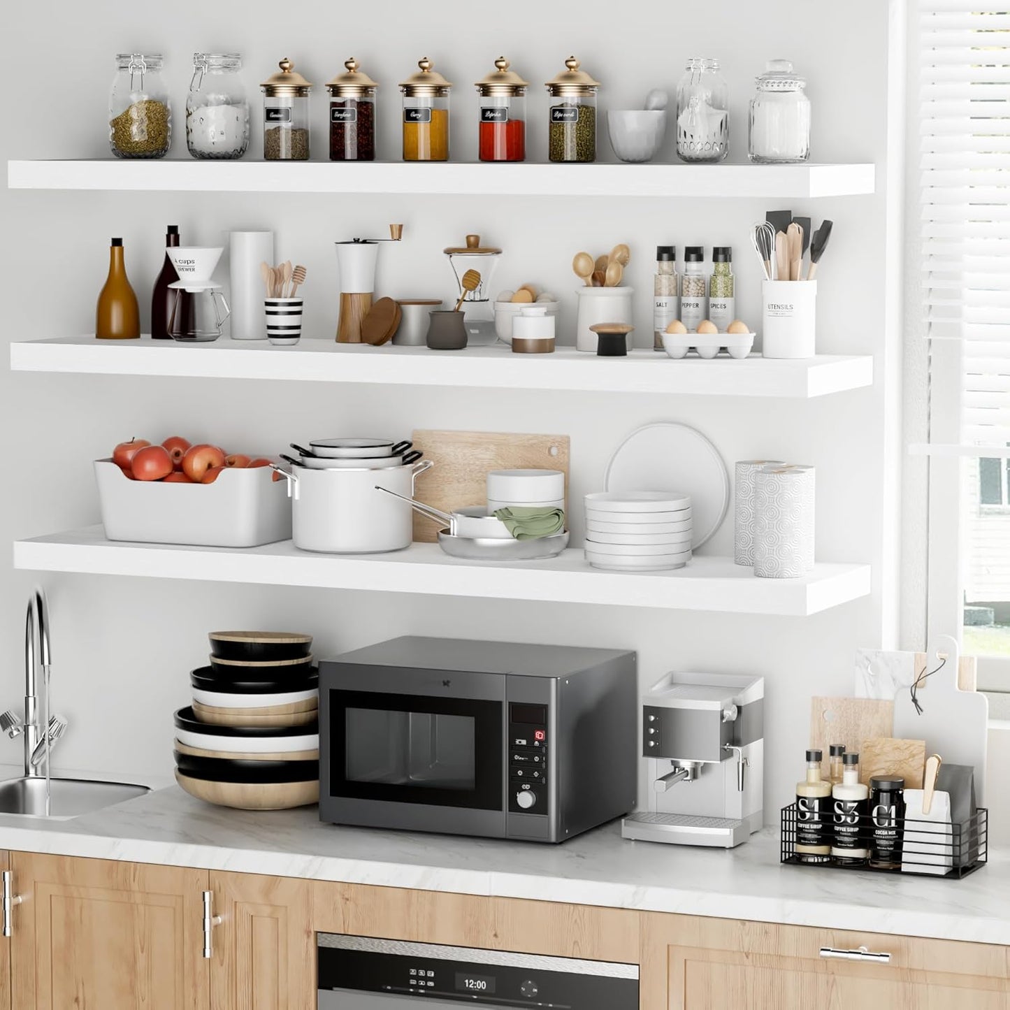 Fun Memories Floating Shelves - 12 Inch Rustic Wooden Wall Shelves - Extra Deeper & Thicker Wall Mounted Storage Shelf for Living Room, Kitchen, Farmhouse - 55" W x 12" D x 1.8" H - White