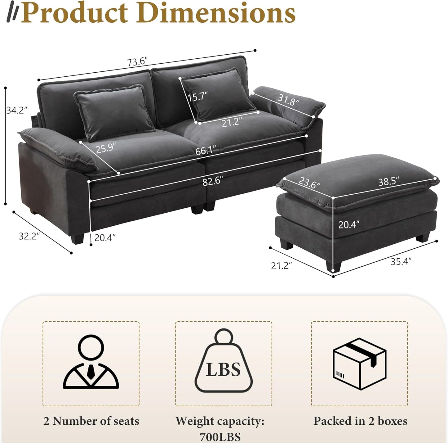 URRED Modular Sectional Sofa Comfy Cloud Couch, Modern Velvet Sofa Sleeper Deep Seat Couches with Ottoman/Pillows for Living Room (Dark Gray, 82.6''- L Shape)