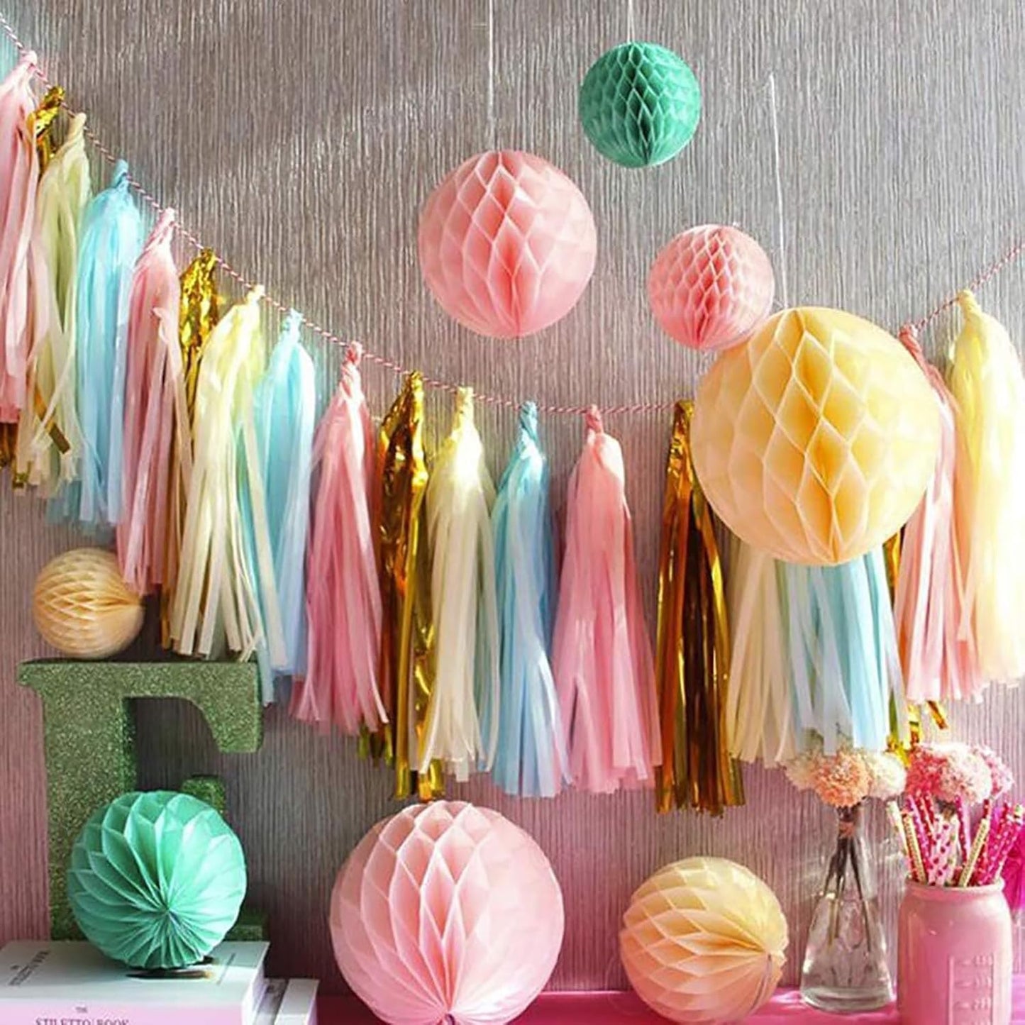 Gold Black and Red Paper Tissue Tassels Party Tassel Garland Banner for Party Decorations,15 Pcs