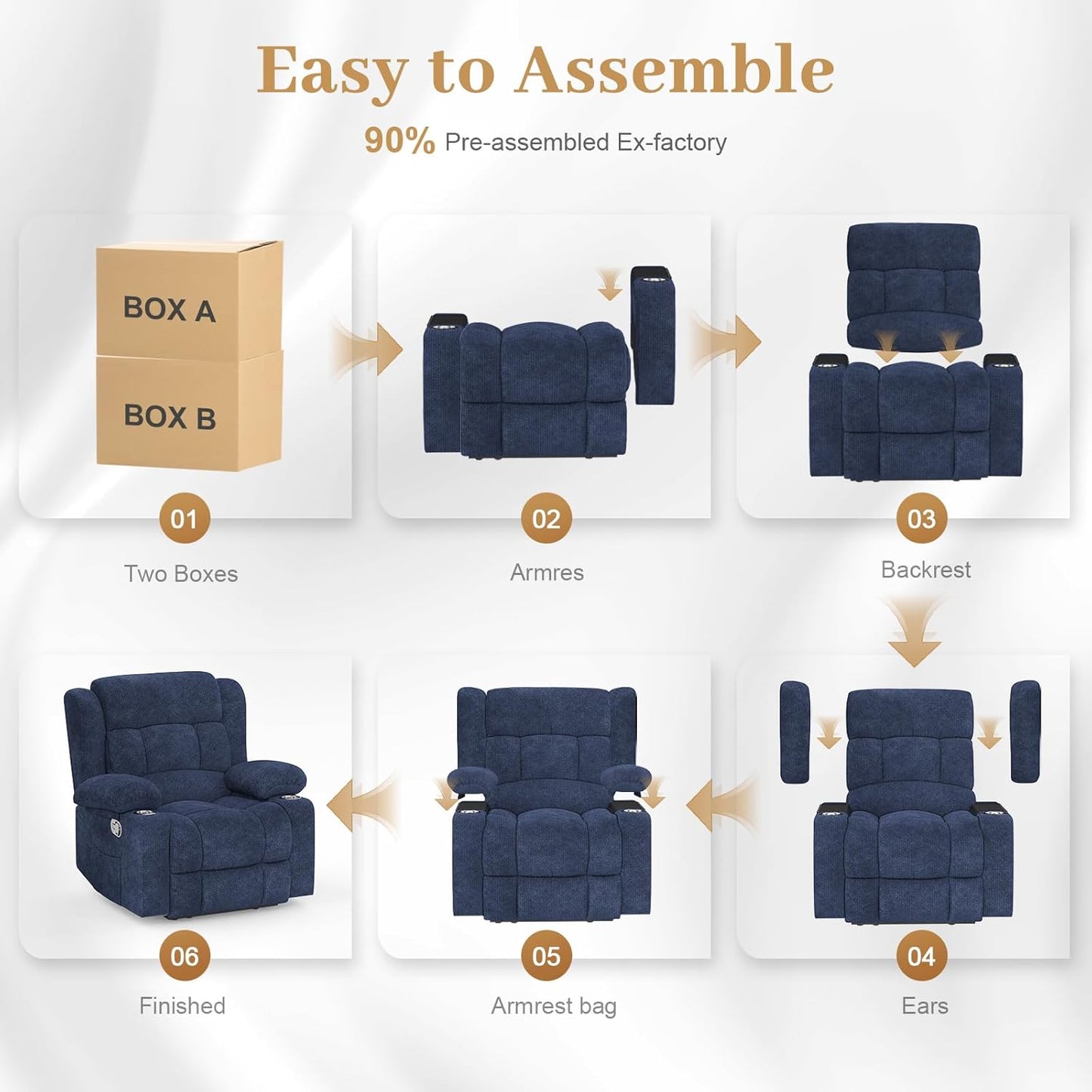 Recliner Chair for Adults, Oversized Fabric Manual Pull Tab Reclining Chair with Cup Holders, Minimalist Style Single Sofa for Living Room, RV (Blue)