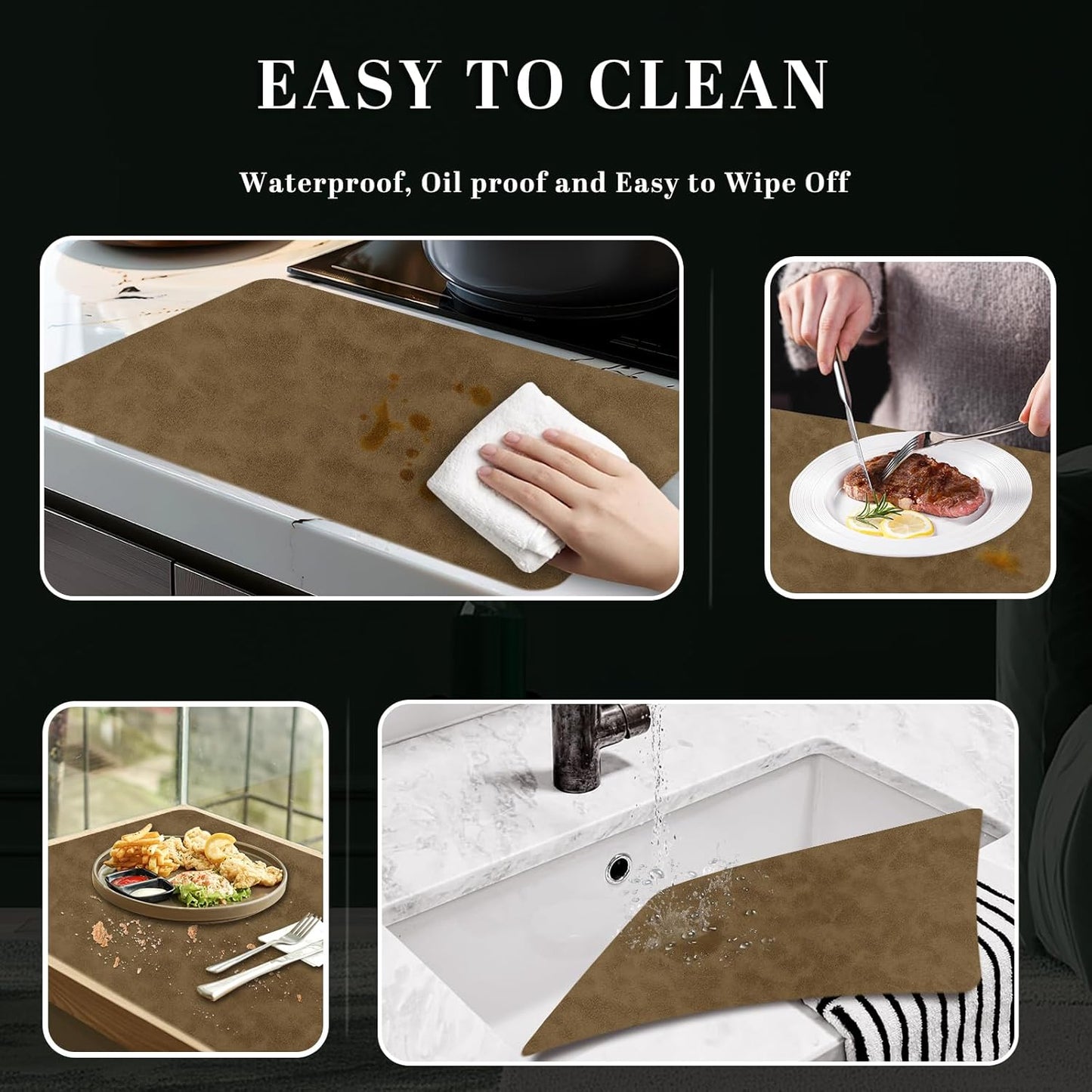 BLESWIN Faux Leather Placemats, Set of 6, 12×17 Inch -Double Side Texture Color Table Mats, Heat-Resistant, Waterproof and Oil-Resistant, Suitable for Dining Room, Kitchen, Party, Outdoor - Khaki