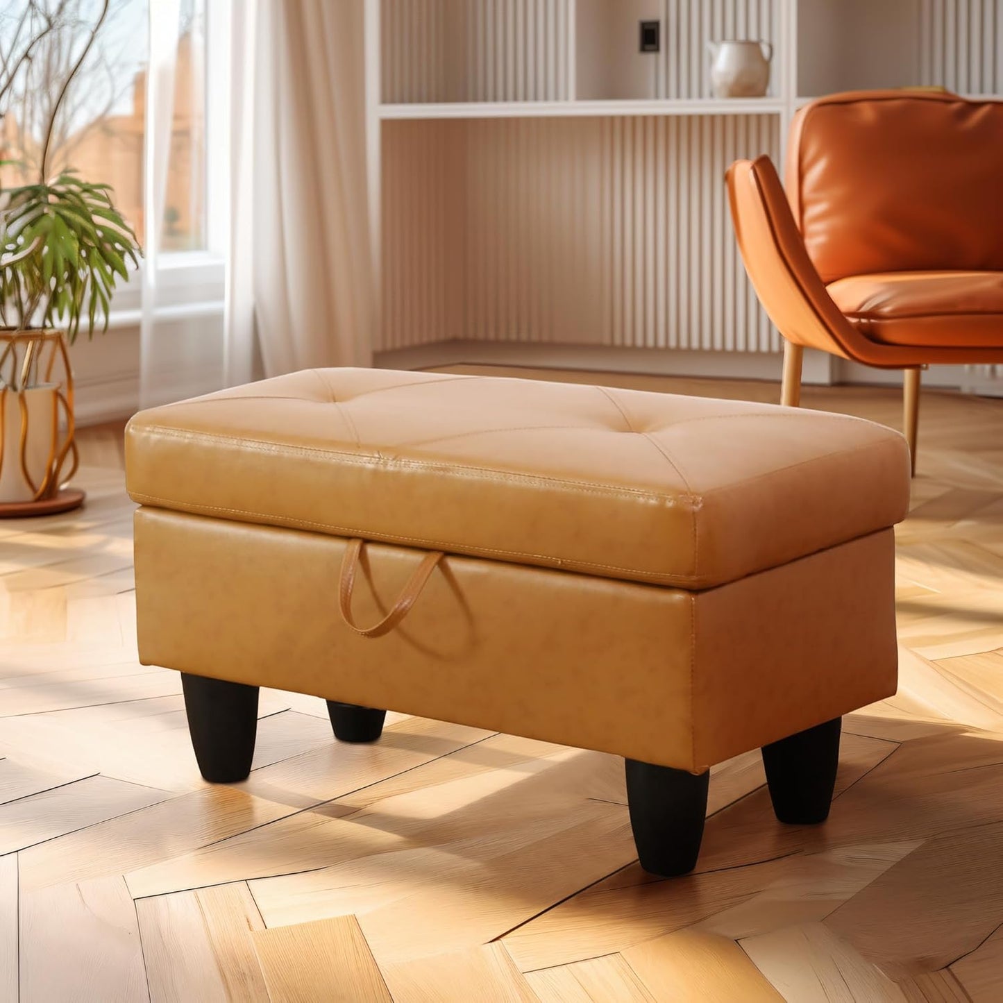 Ottoman Rectangular Storage Ottoman Bench, Faux Leather Footrest, Coffee Table, Stool Footstool with Hinged Lid for Living Room, Bedroom, Entryway, Orange, 28.5"x19"x17.5"