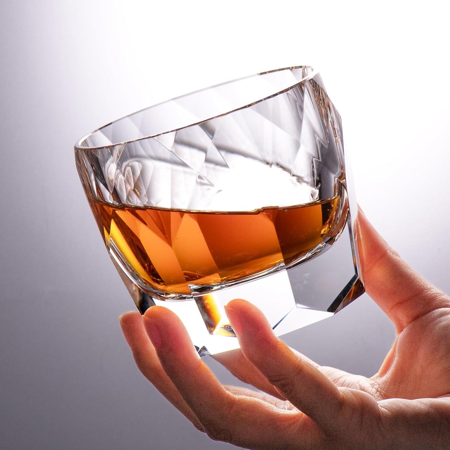 KAMMAK Crystal Whiskey Glasses Set of 2, 7.1oz Old Fashioned Glasses Stemless, Hand Blown White Cocktail Glasses, Luxury Handcrafted Cut Ice Ball Cup for Women, Perfect Men Gift for Bourbon