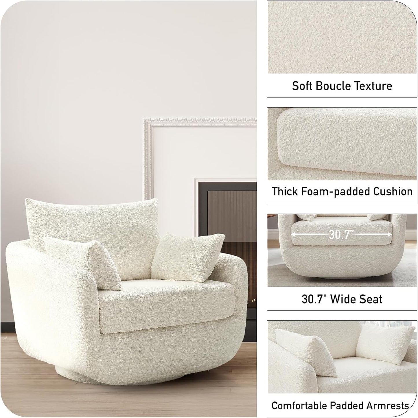 360° Swivel Accent Armchair, 39.3" Oversized, Sherpa Boucle Fabric Sofa Chair with Removable Back & Arm Pillows, Swivel Chair with Cozy Soft Padded, No Assembly Required (1, Cream White)