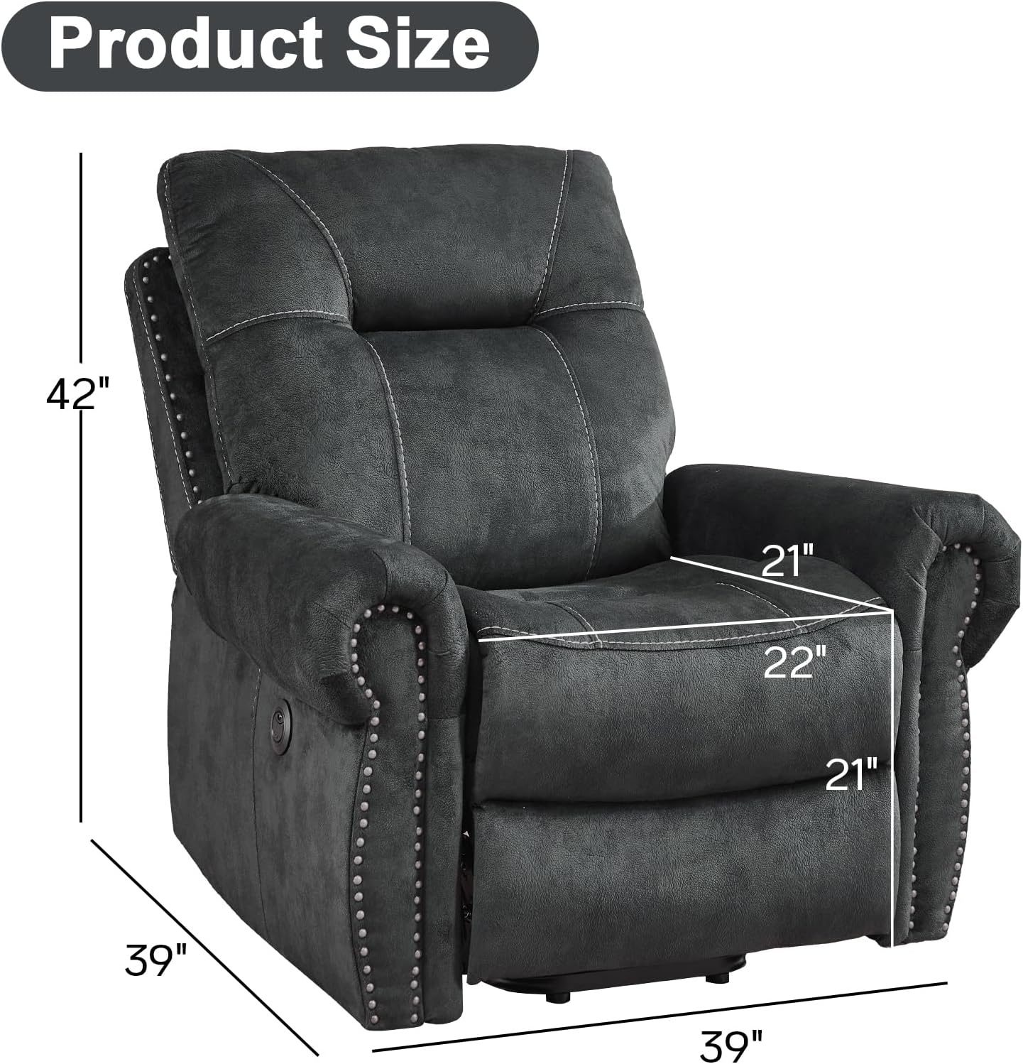 EBELLO Electric Power Recliner Chair with Massage and Heat, Soft Fabric Massage Recliner for Adults, Overstuffed Single Reclining Sofa, Vintage Rivet Mid-Century Design for Living Room, Grey