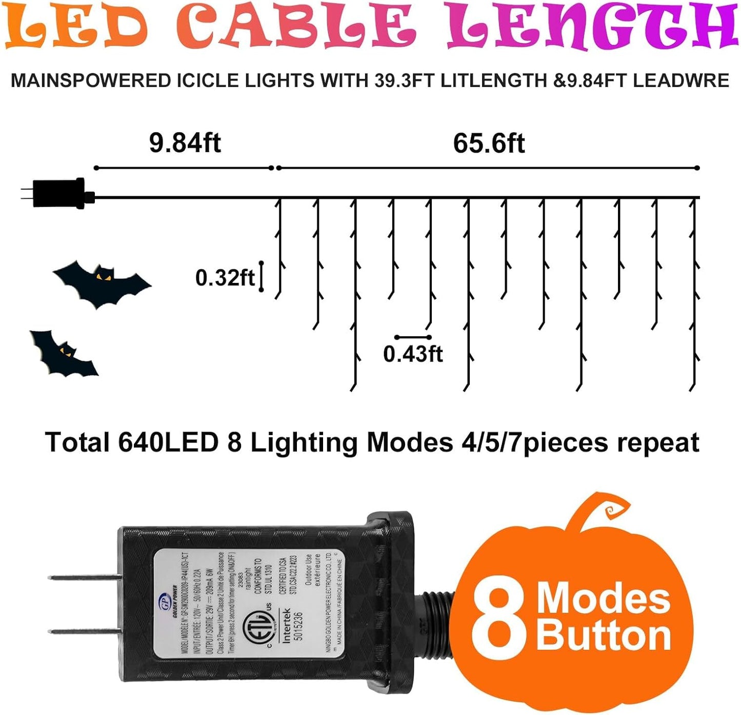 Halloween Lights Outdoor Decorations, 640 LED 66FT Orange and Purple Light, 8 Modes Plug in 120 Drops Ice String Lights with Timer Memory Function Hanging Light for Halloween Party Decor