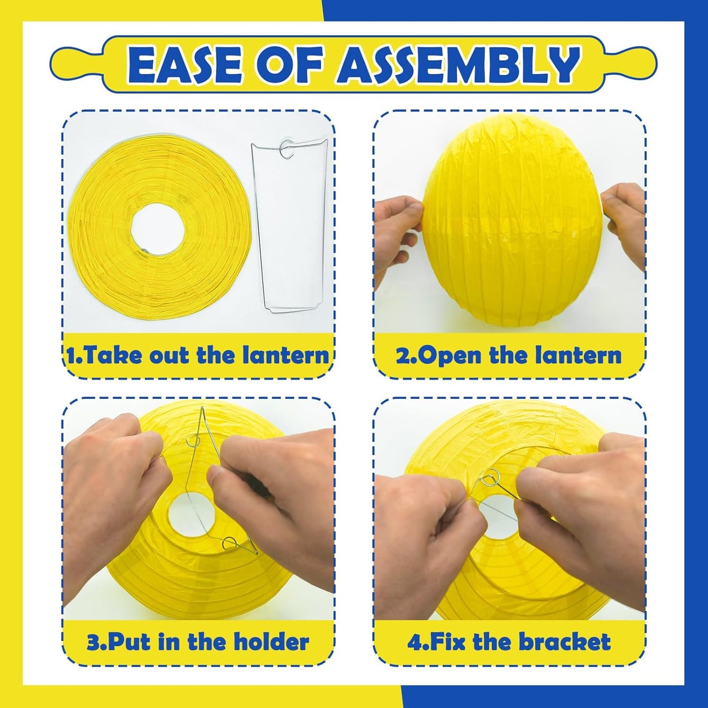 12Pcs Blue and Yellow Party Decorations Hanging Round Paper Lanterns Assorted Sizes (8" 10" 12") for Graduation Birthday Wedding Dinner Party Baby Shower BBQ Decor (Blue Yellow White)