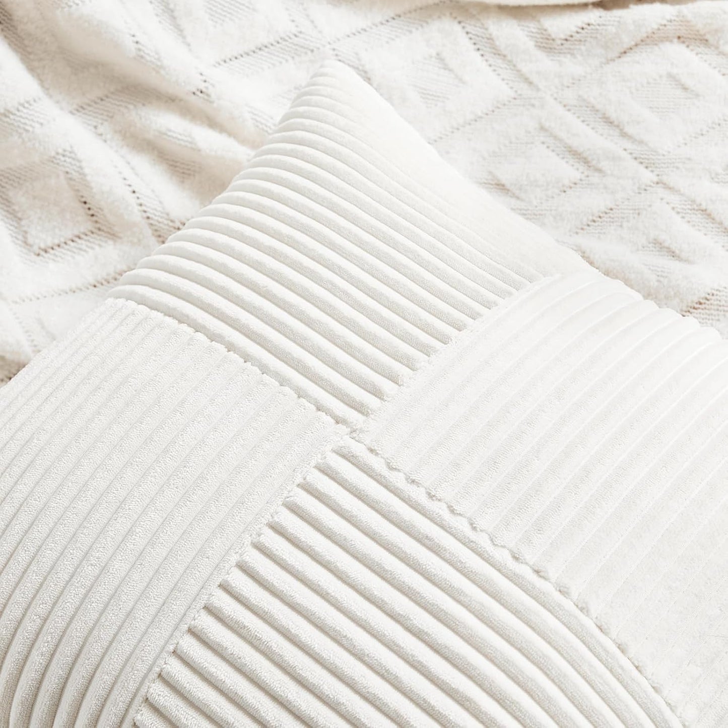 Fancy Homi 2 Packs Cream White Big Decorative Throw Pillow Covers 24x24 Inch for Living Room Couch Bed, Farmhouse Boho Home Decor, Soft Corss Corduroy Patchwork Accent Square Cushion Case 60x60 cm