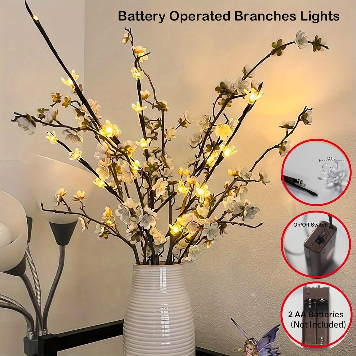 3 Pack Battery Lighted Branch Flowers Lights with 12 Colored 3D Butterfly Indoor Bedroom Decorations, Warm White 60 LED Artificial Cherry Blossom Twig Vase Filler Willow Tree Home Decor