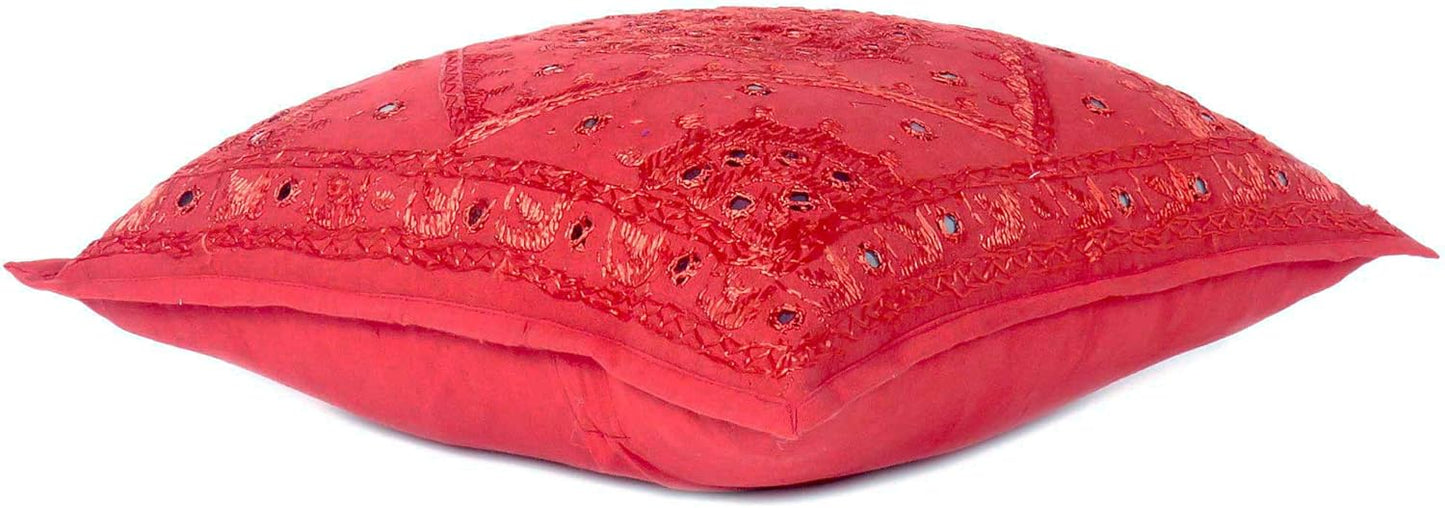 Eyes of India Embroidered Decorative Boho Throw Pillow Cover with Mirrors, Handmade Bohemian Accent Cushion Case for Sofa Couch Bedroom Living Room (Red, 24" x 24")