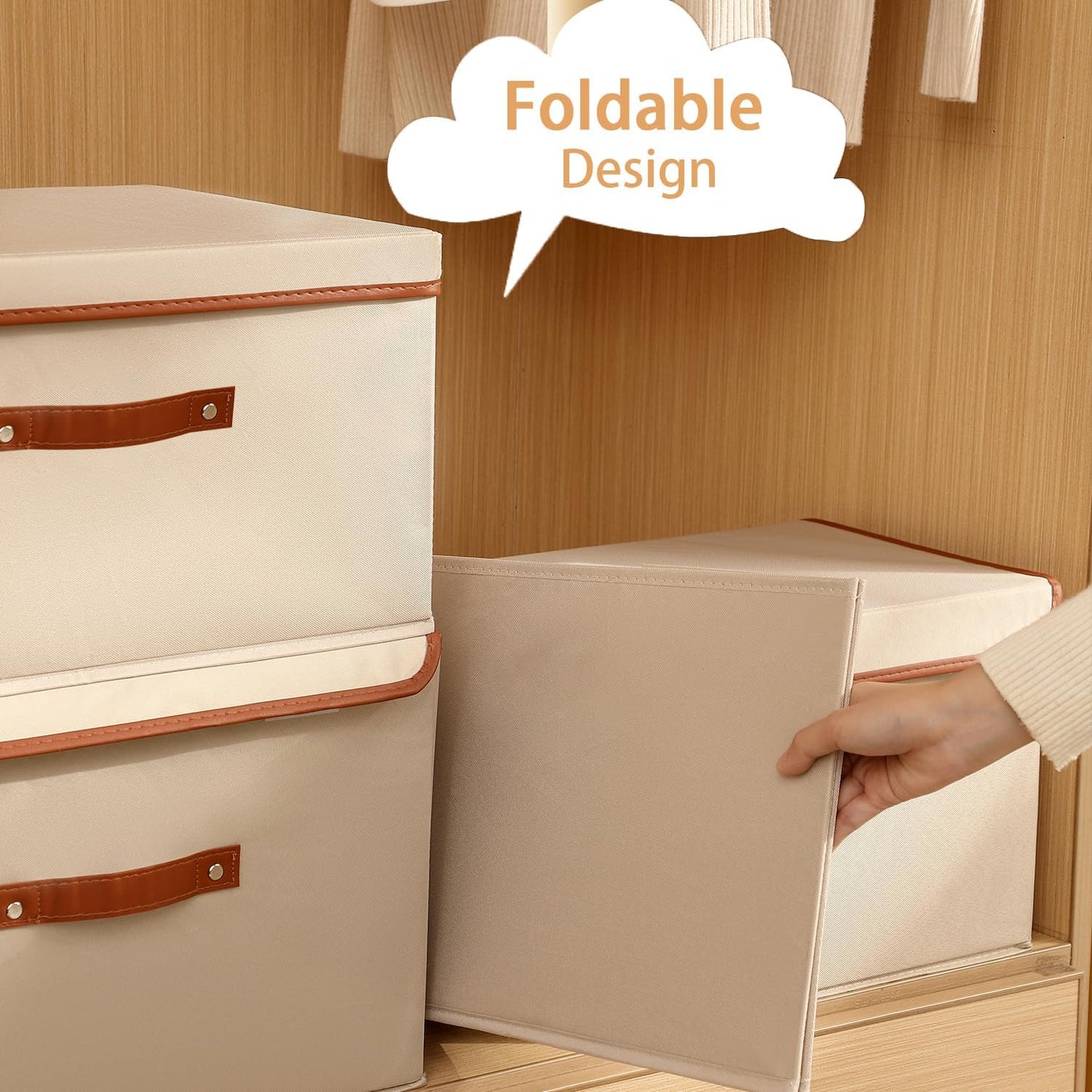 Tuza 2-Pack Large Fabric Storage Bins with Lids, Foldable Storage Boxes with Lids for Organizing, Decorative Storage Boxes with Handles for Home, Bedroom, Closet, Office(Khaki, Large)