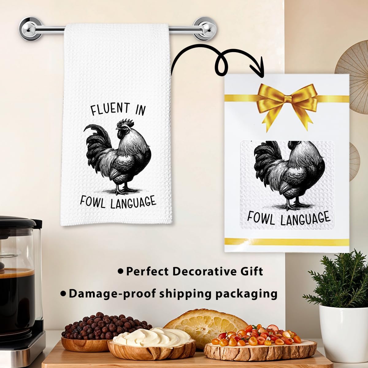 Chicken Dish Towel, Waffle Weave Microfiber Kitchen Cloth, Rustic Rooster Decor Accent, Farmhouse Style Gift for Chicken Lovers, Funny Country Hand Towel for Kitchen Bathroom - A05