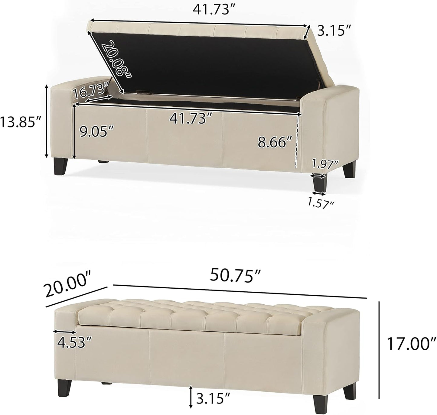 Christopher Knight Home Hikaru Velvet Storage Ottoman, Ivory 19.75”D x 50.00”W x 17.48”H