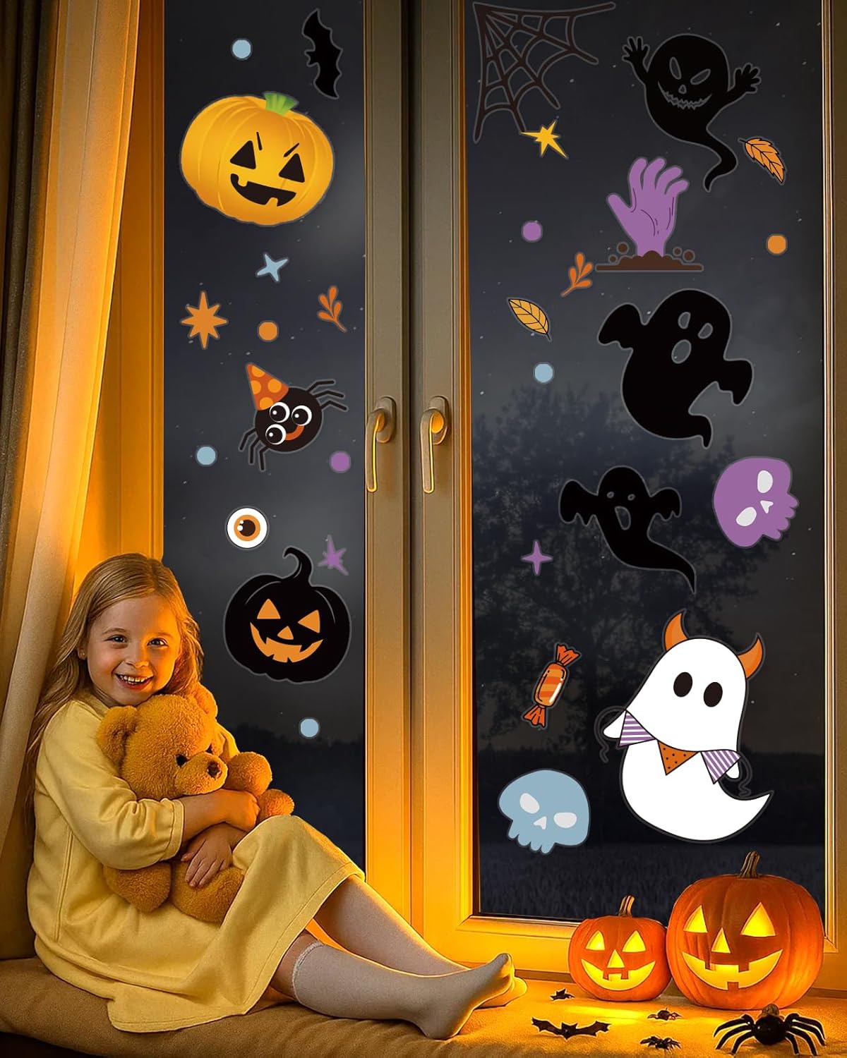 Halloween Window Clings - 9 Sheets 213 Pcs Happy Halloween Window Decorations Indoor for Home Party Eyes Pumpkin Ghost Bats Witch Stickers for Glass Double-Sided Removable Static Glass Decals