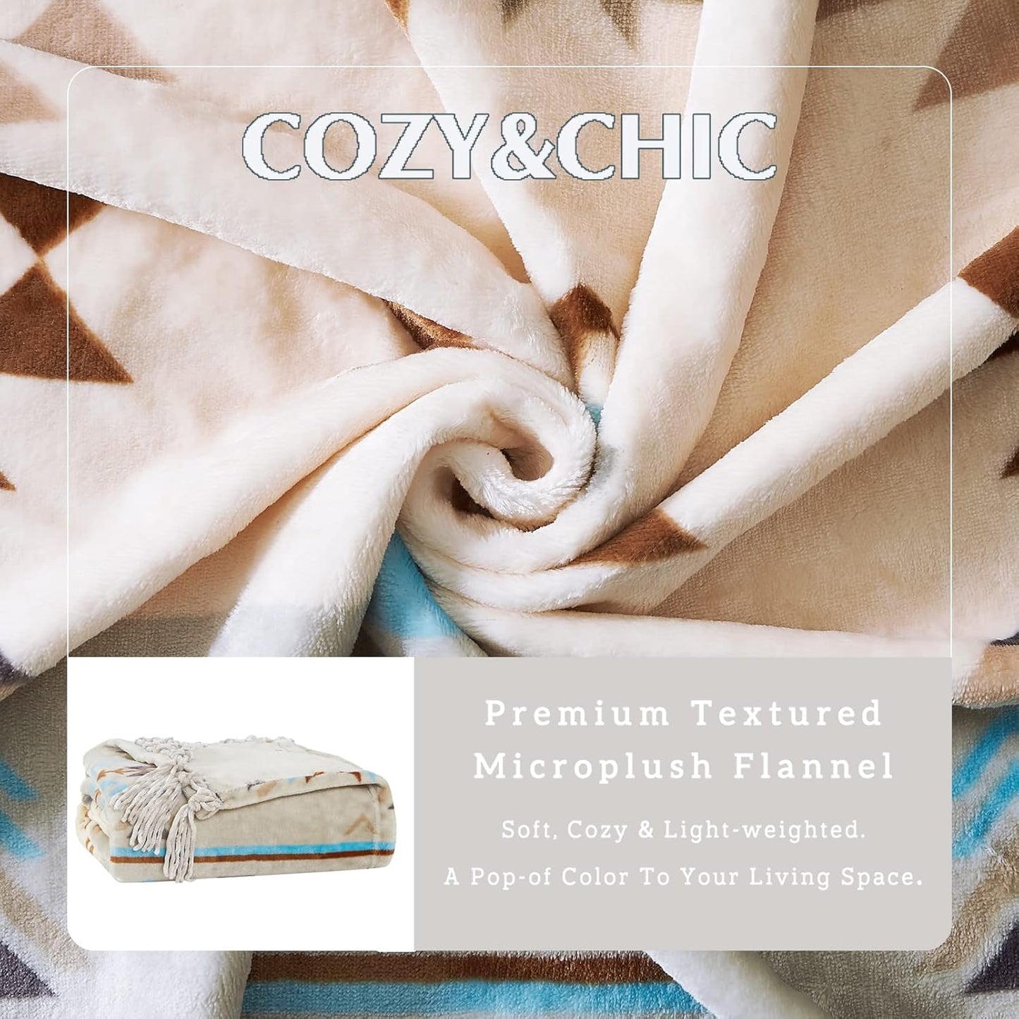 CASAAGUSTO Boho Throw Blanket - Green and Beige Decorative Blankets with Tassel, Printed Flannel Bohemian Blanket for Chair, Bed, Sofa, Couch(50 * 60, Green and Beige)