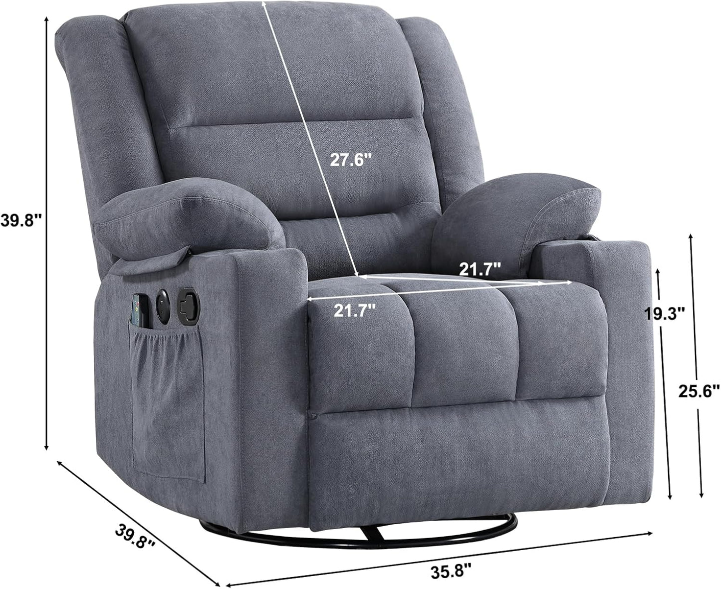 Rocker Recliner Chair with Heat and Massage, 360° Swivel Recliner Chairs for Adults, Heavy Duty Reclining Sofa Chair with USB Port Cup Holders Side Pockets for Living Room (Grey)