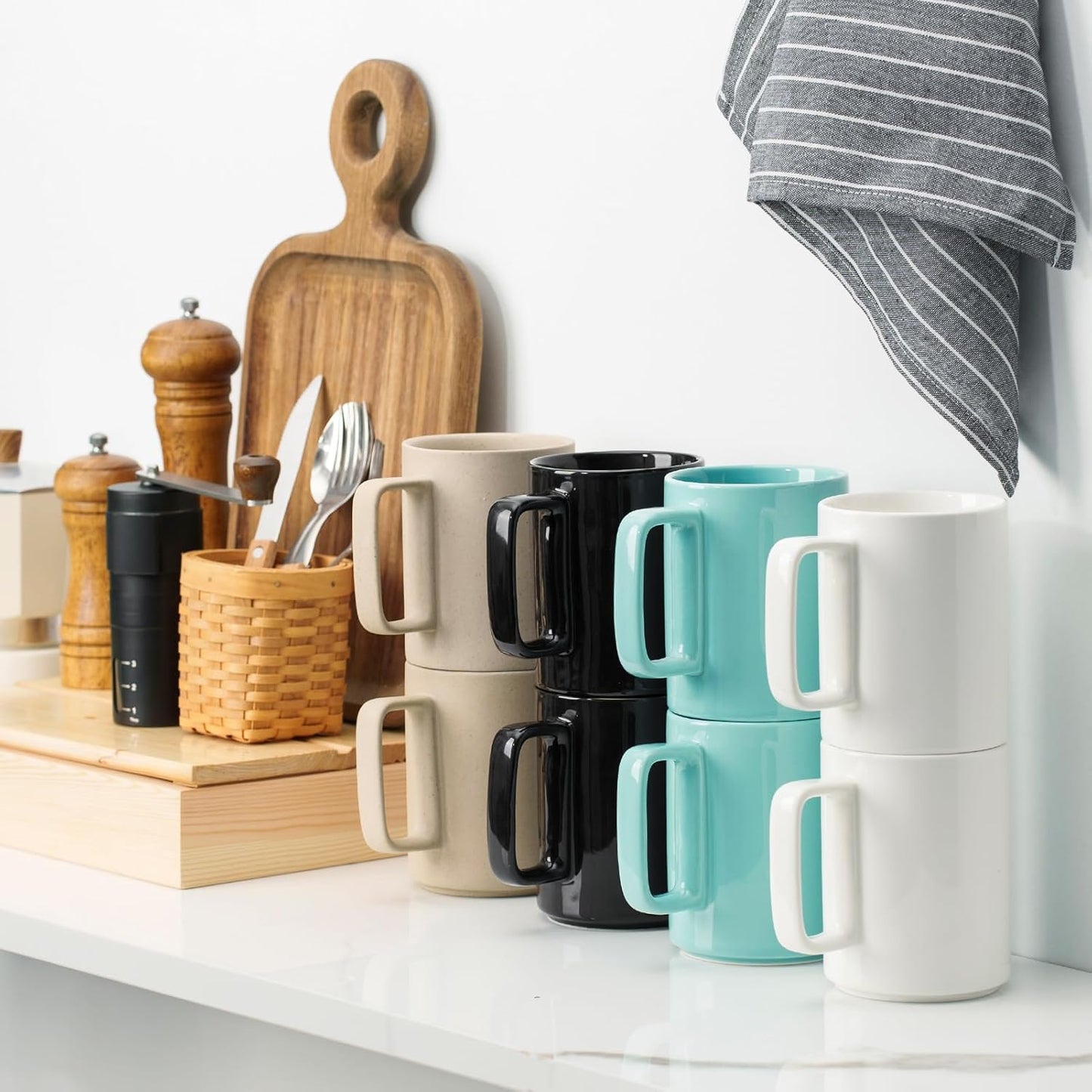 E-liu Porcelain Tea Mugs Coffee Mug Set, Large 15 Ounces Cups for Coffee, Tea, Cocoa, and Mulled Drinks, Set of 6, Grey