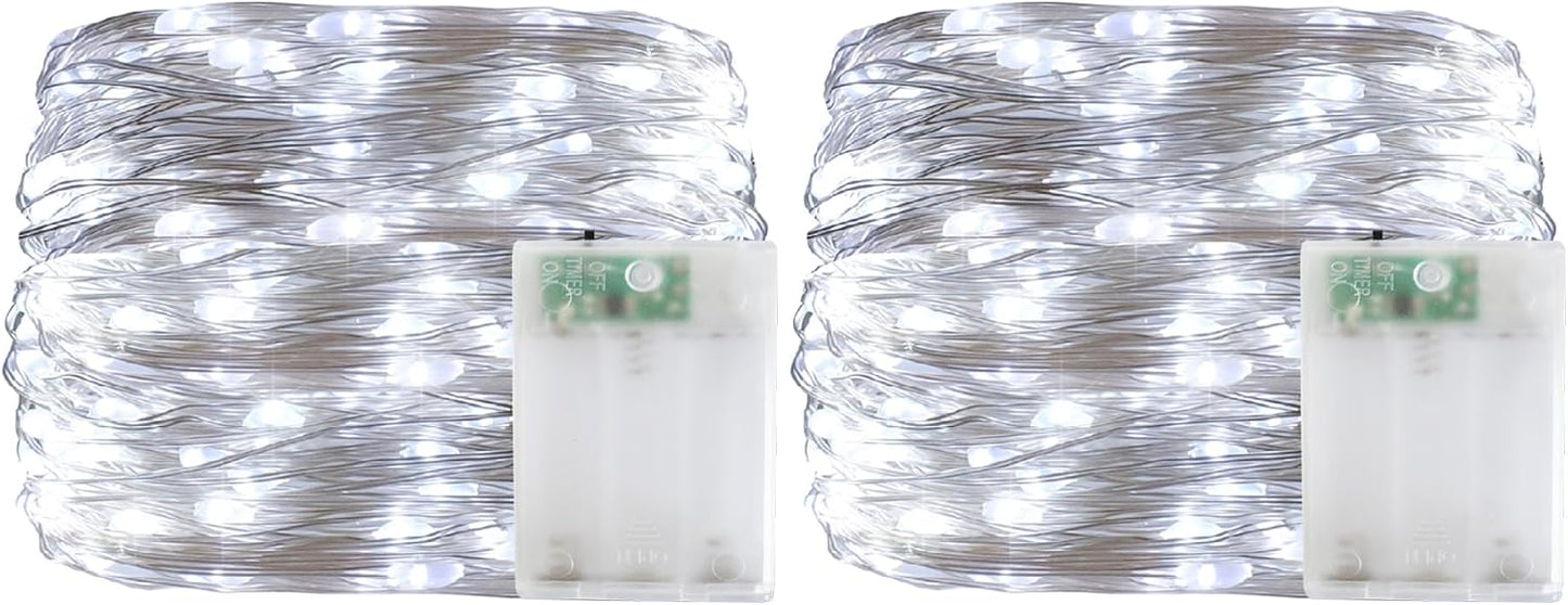 Christmas Decorations Cool White Fairy String Lights, Battery Operated with Timer, 2 Pack Total 33FT 100 Led Mini Battery Powered Twinkle Mason Jar Waterproof Firefly Lights DIY Party