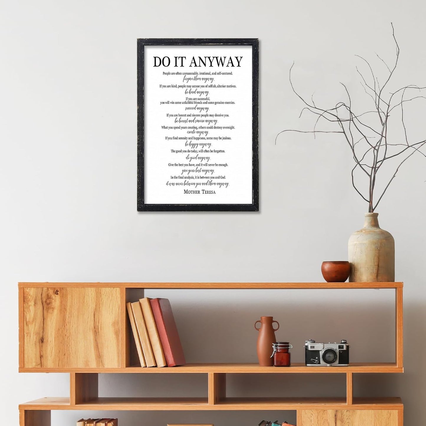 Do It Anyway Mother Teresa Wall Art Decor 16x11 Inch Wooden Framed Wall Hanging Sign (Black)