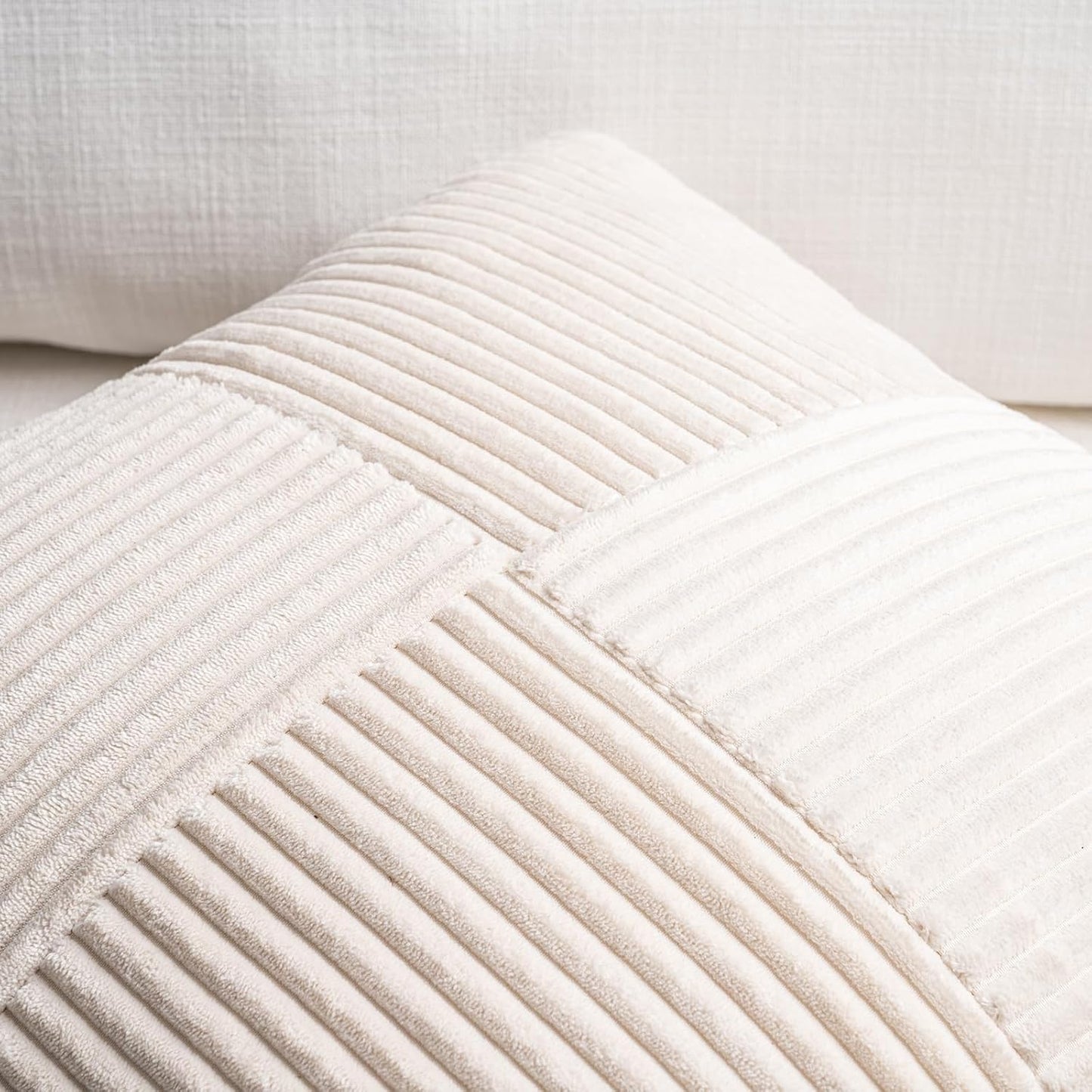 Fancy Homi Set of 2 Cream Boho Long Lumbar Body Decorative Throw Pillow Cover 14x36 Inch for Bed Couch Bedroom Bench, Soft Patchwork Corduroy Textured Pillow Case, Rustic Farmhouse Room Décor