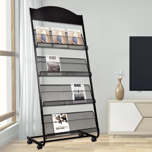Floor-Standing Magazine Rack, 4-Layer Brochure Display Stand Tiered Design Magazine Stand Detachable Magazine Display with Casters for Exhibitions, Shopping Malls, Hospitals, Offices