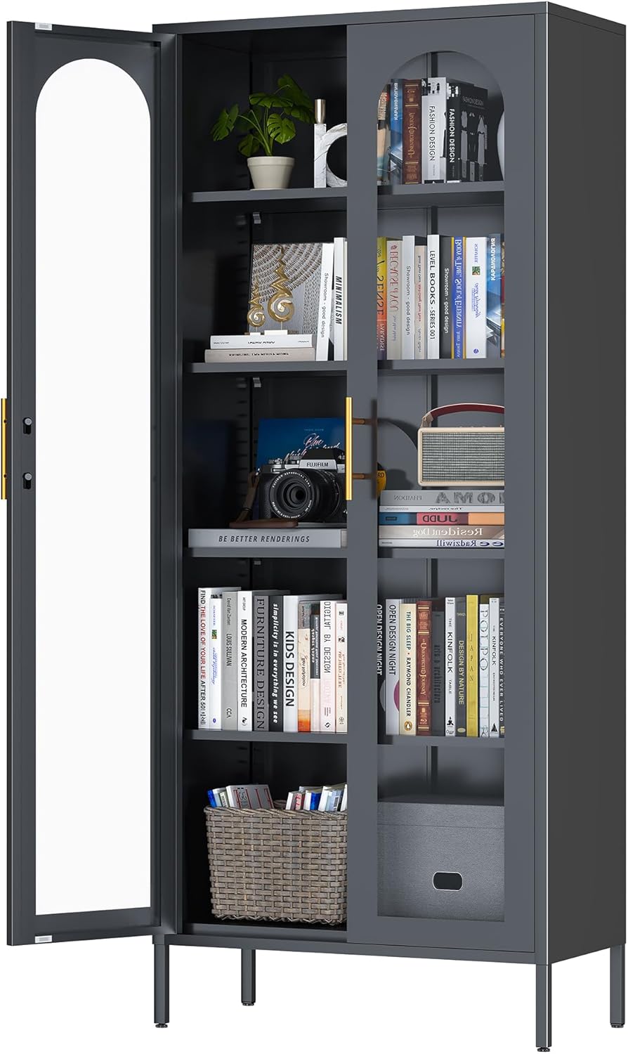 71" Tall Display Cabinet, 5-Tier Bookshelf with Doors & Adjustable Shelf, Modern Storage Cabinets Ideal for Book, Wine, Collectibles, Free Standing Bookcase for Home, Office, Living Room