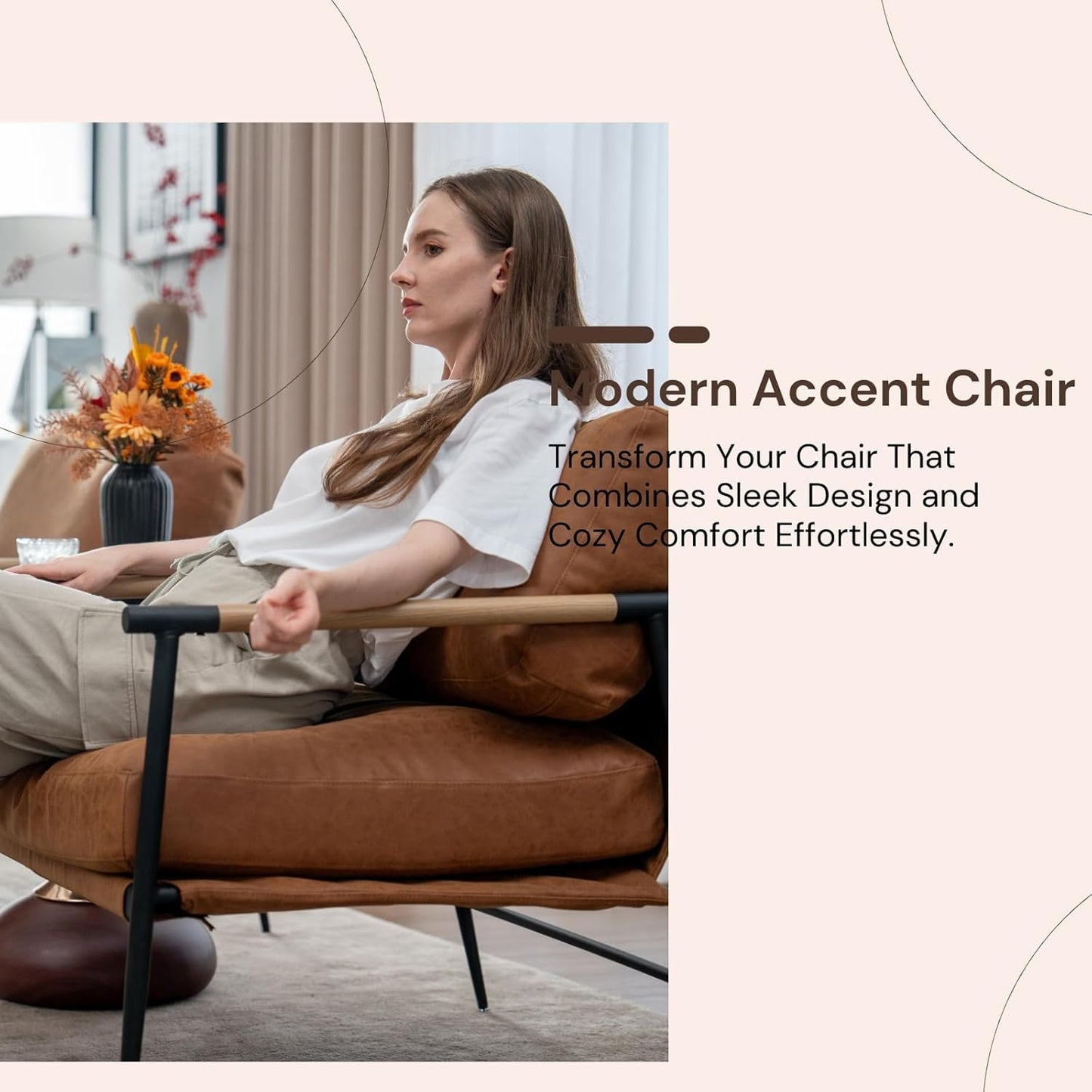 Mid-Century Accent Chair Set of 2, Soft Armchair PU Leather Lounge Chair with Black Metal Legs, Upholstered Leisure Chair for Living Room Bedroom Reception Room, Brown