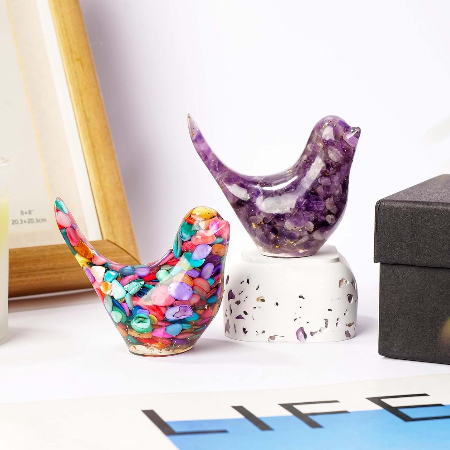 Crystal Bird Figurines, Resin Animal Statues, Miniature Decorative Gravel Birds, Home Decor (2PCS-Purple+Colorful)