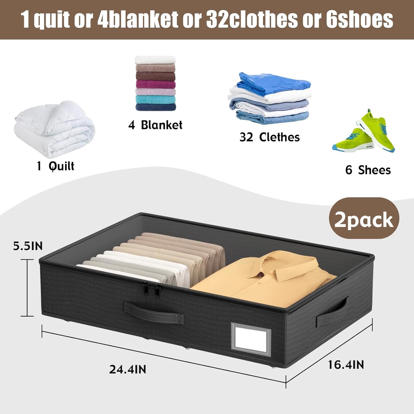 Underbed Storage With Wheels, No Assembly Required - 5.5 Inch Height Black Underbed Bins, Low Profile Rolling Shoe Storage Containers for Dorm