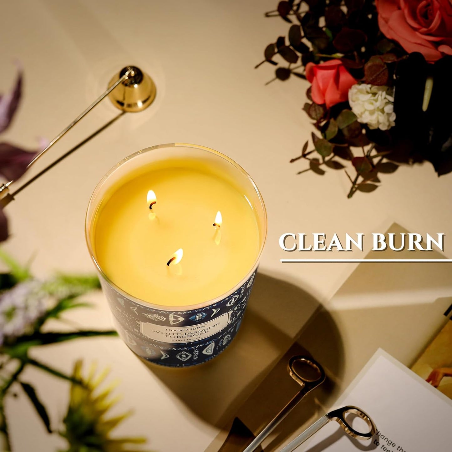 HomeLights Scented Candles for Women & Men, 34oz Candle Jars Aromatherapy 3-Wick Candle, Ideal for Bohemian Natural Textures Home Decor and Gifts, White Jasmine Tuberose