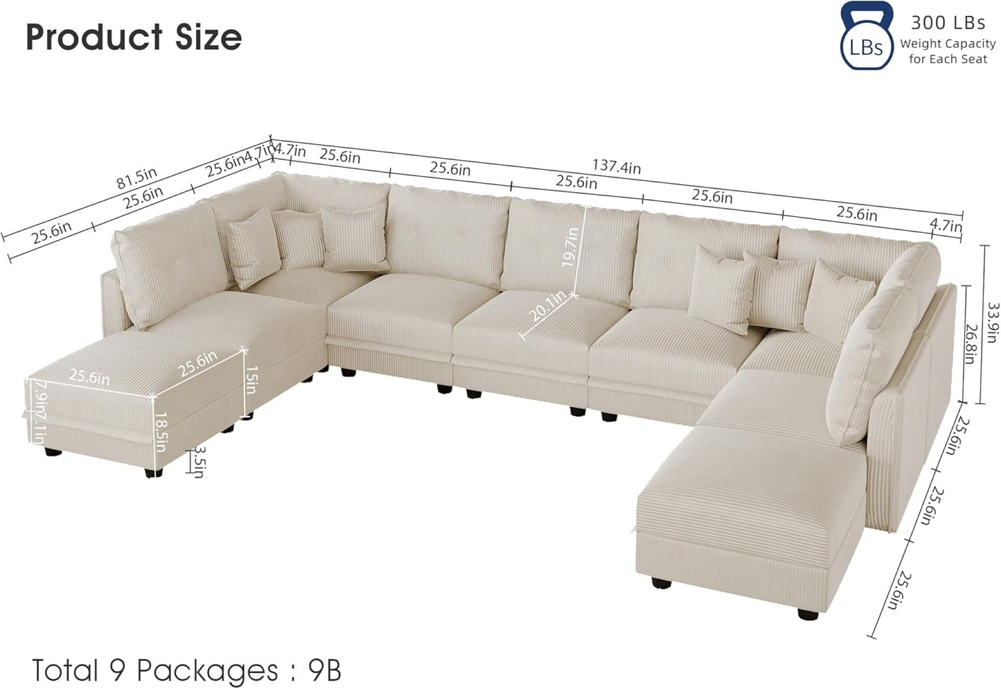 LLappuil Modular Sectional Sofa with Storage Seats, Corduroy Convertible Modular U Shaped Sectional Couch for Living Room, 9 Seat Oversized Sofa with 9 Back Cushion 9 Throw Pillow, Beige